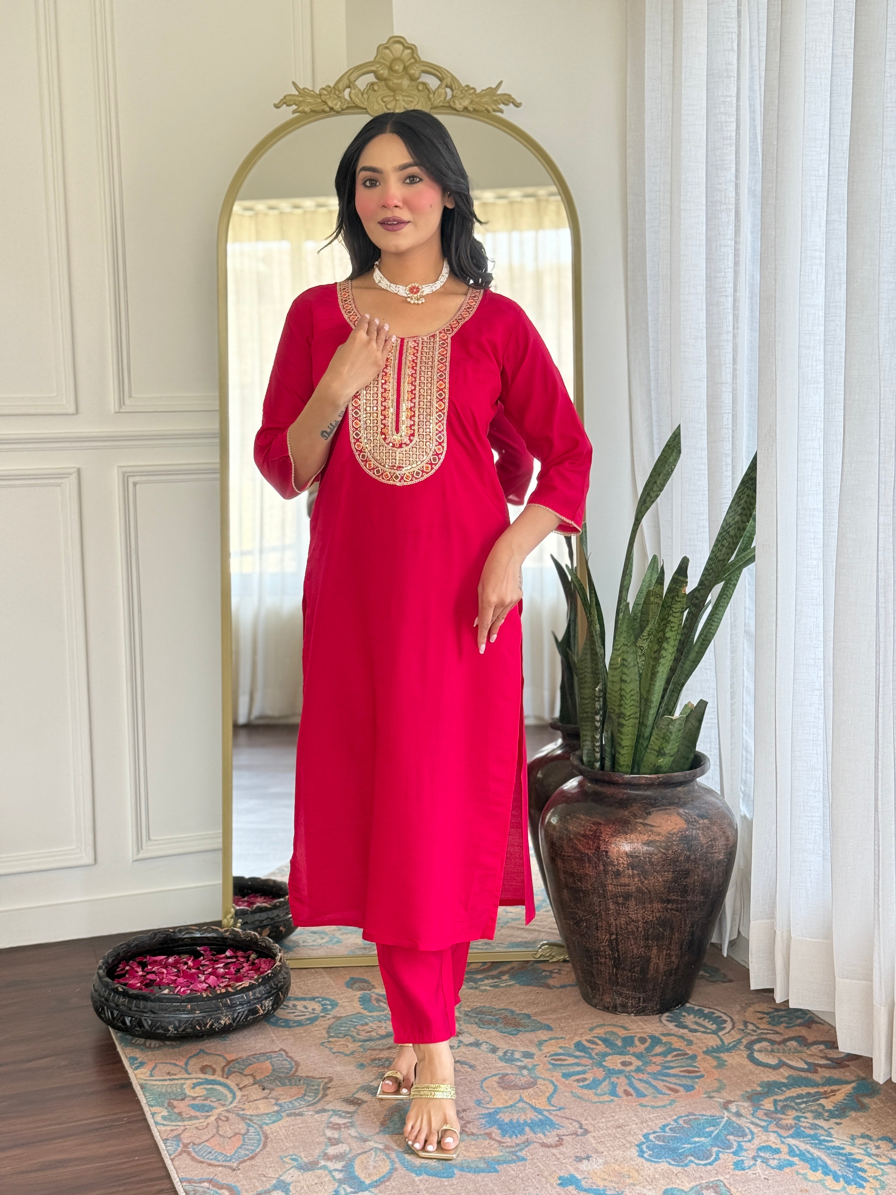 Rani Pink Chanderi Silk Kurta Pant with Heavy Thread Embroidery Work With Printed Dupatta