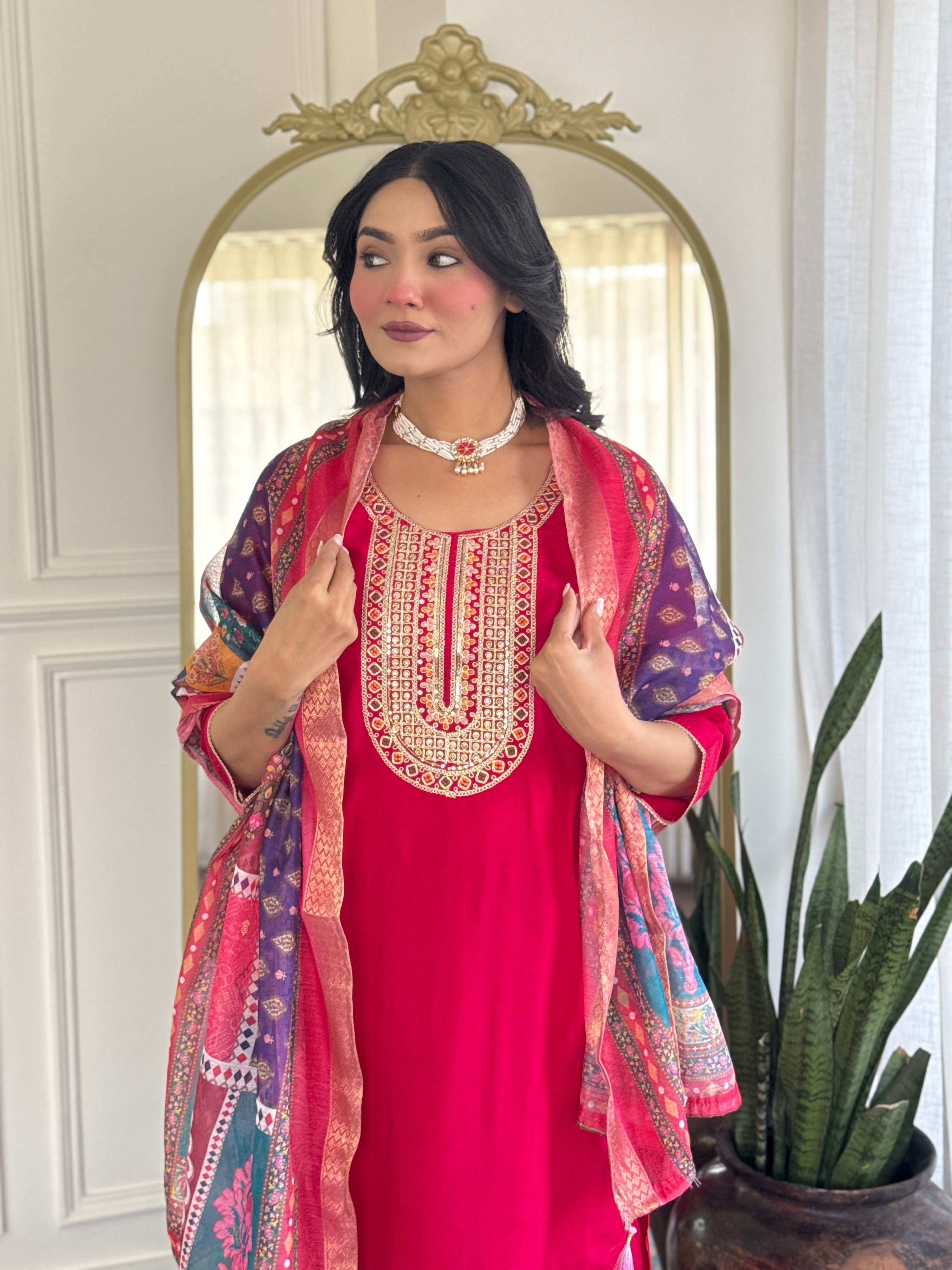 Rani Pink Chanderi Silk Kurta Pant with Heavy Thread Embroidery Work With Printed Dupatta