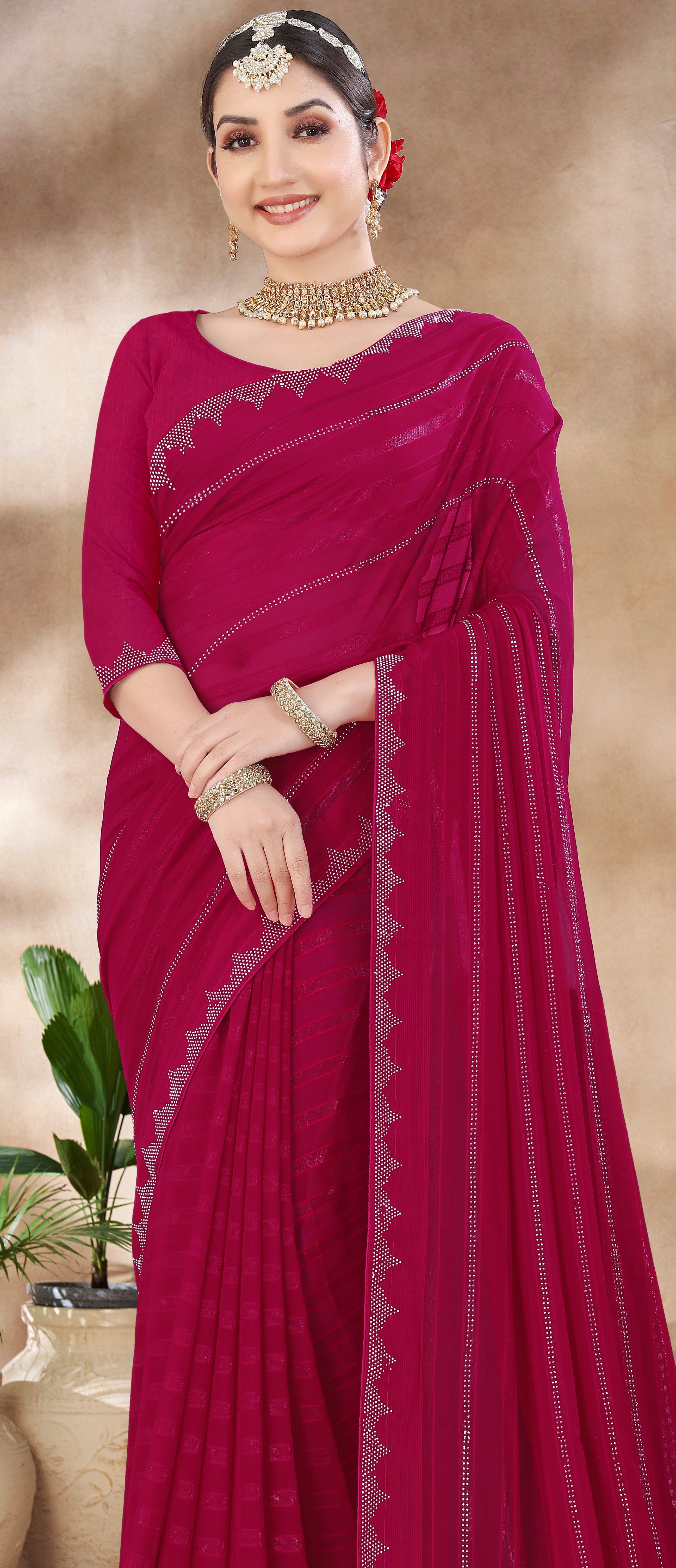 Rani Pink Chiffon Saree With  Swarovski Diamond Work