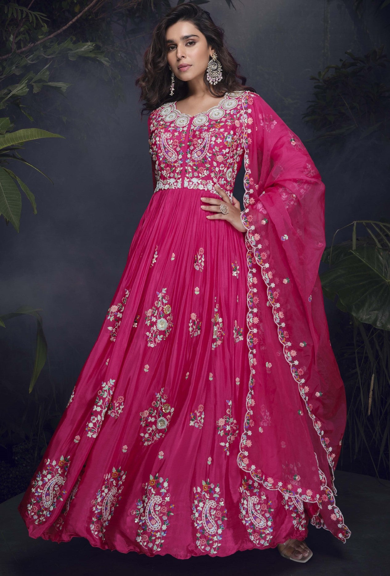 Rani Pink Chinon Silk Gown With Handcrafted Embroidery