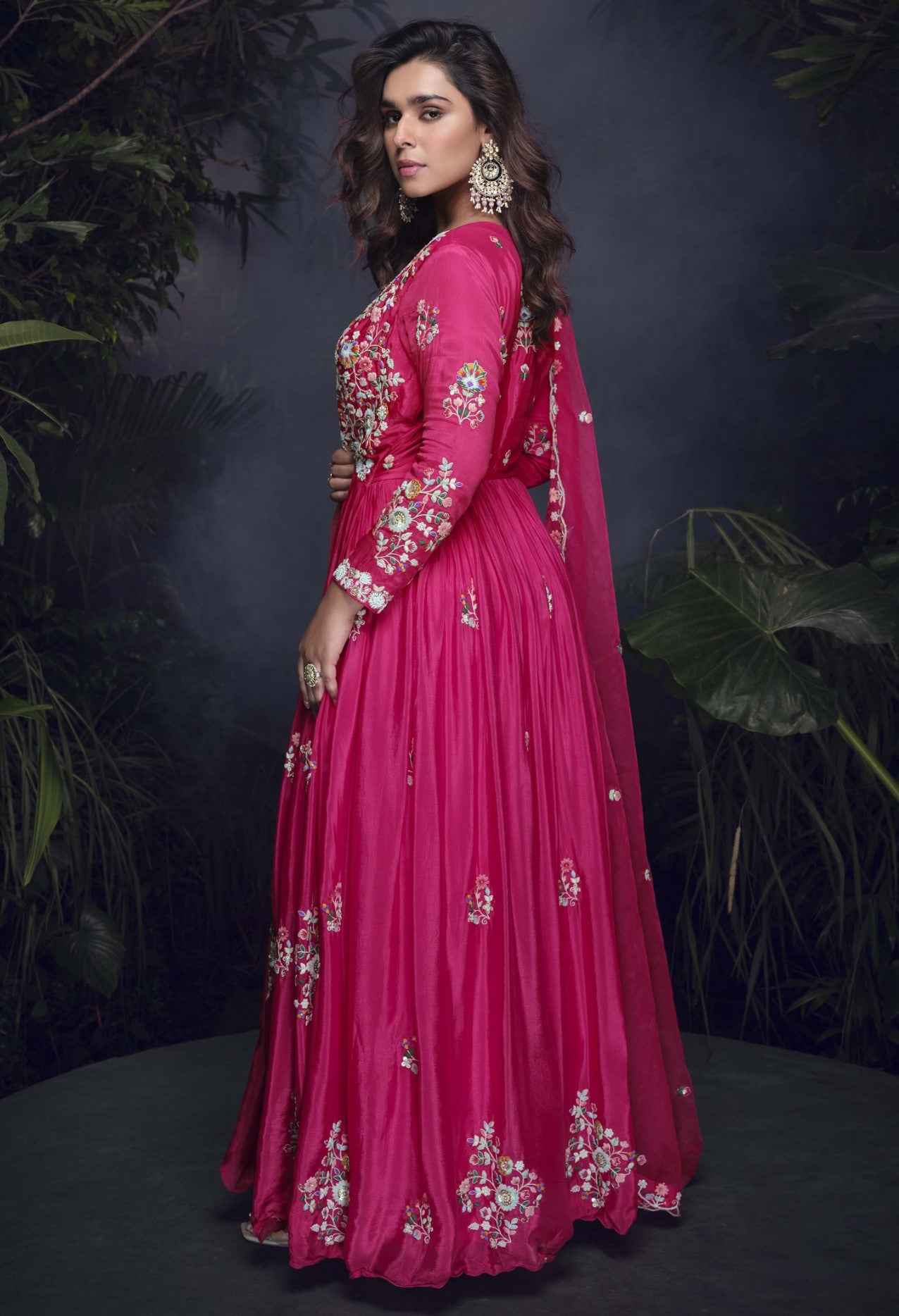 Rani Pink Chinon Silk Gown With Handcrafted Embroidery