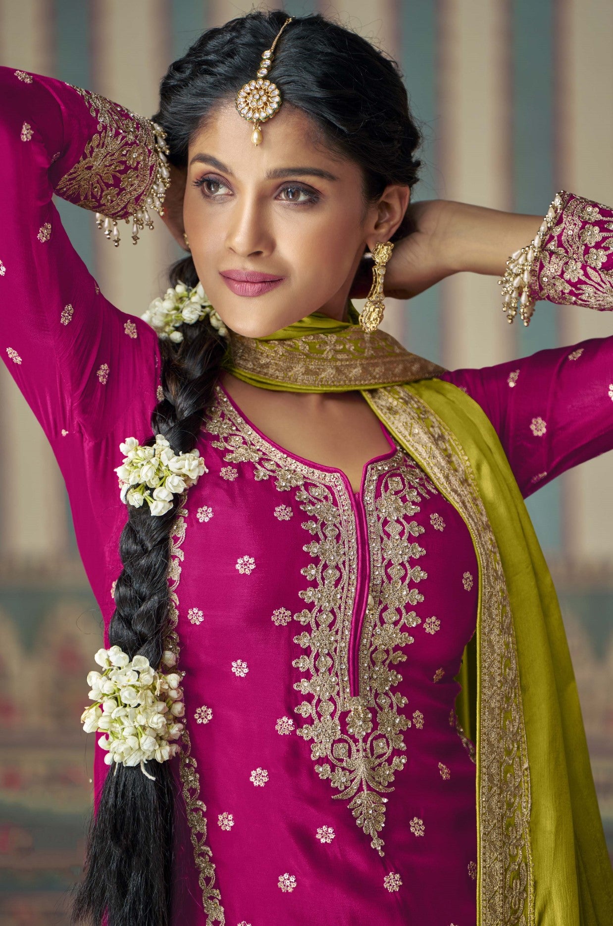 Rani Pink Chinon Silk Palazzo Suit With Hand Mirror Work