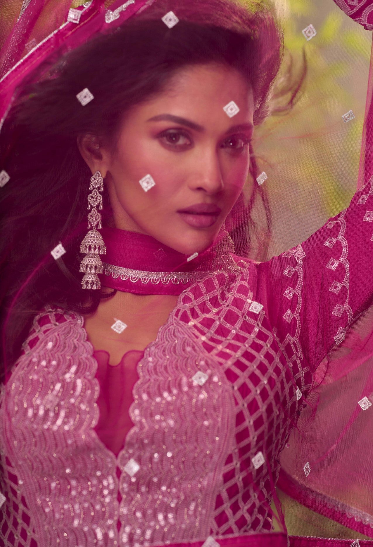 Rani Pink Chinon Silk Palazzo Suit With Mirror Embroidery