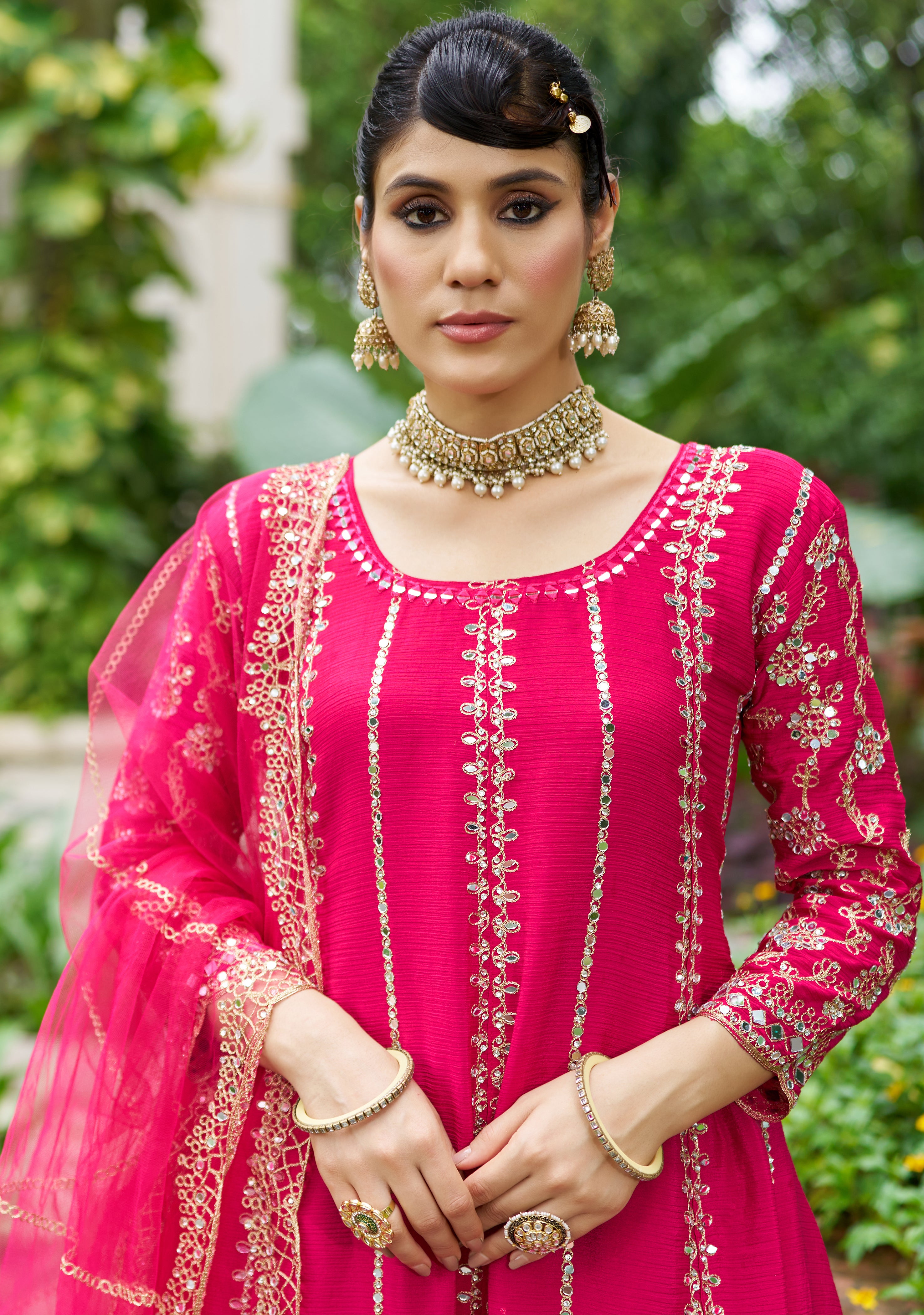 Rani Pink Chinon Silk Salwar Suit With Real Mirror Work