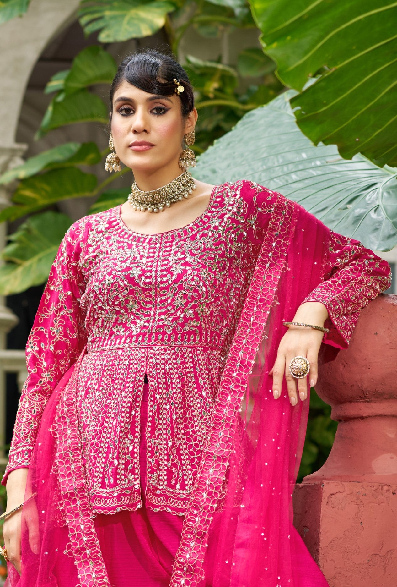 Rani Pink Chinon Silk Salwar Suit With Real Mirror Work
