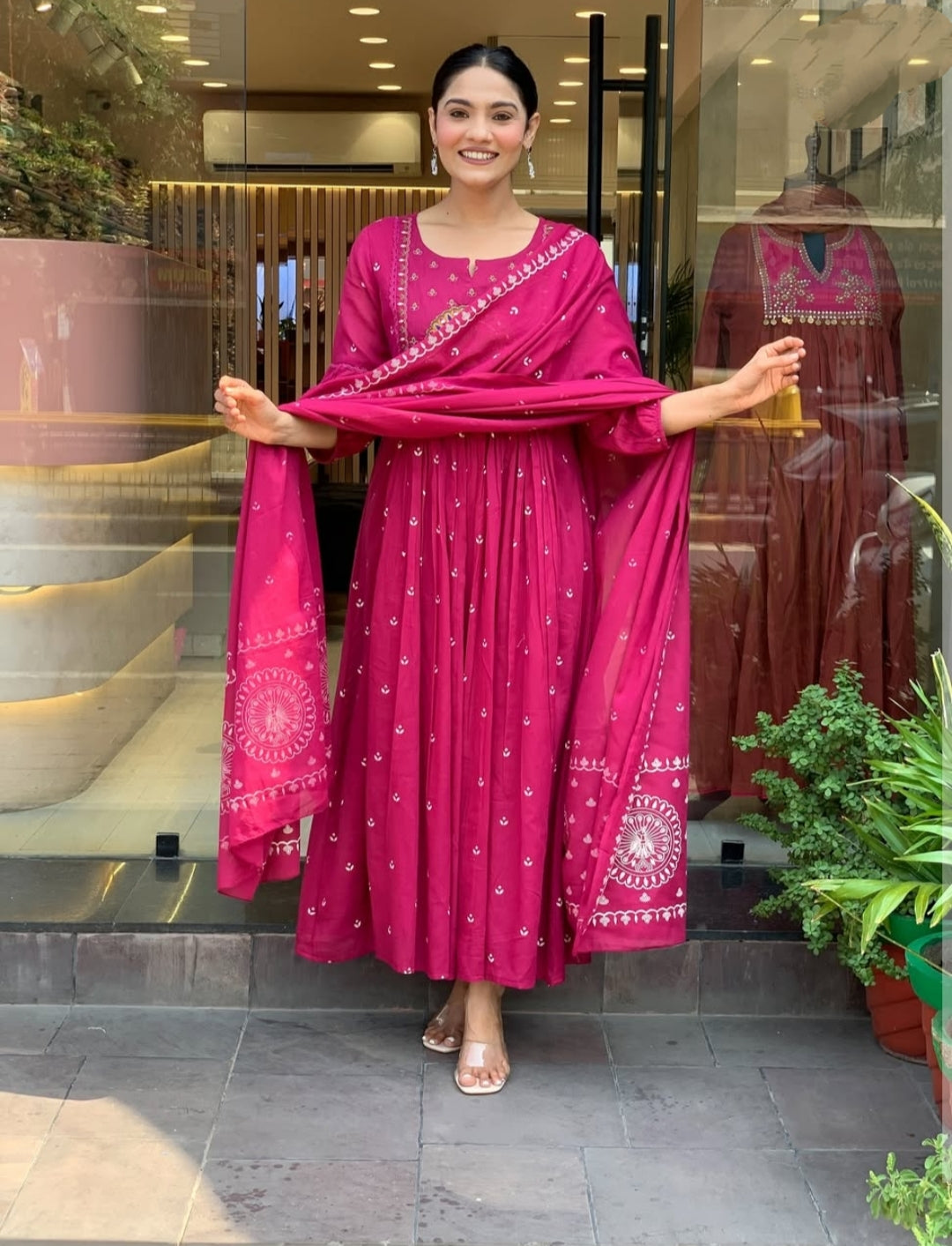 Rani Pink Cotton Kurta Pant Set With Heavy Thread Embroidery Work With Khadi Printed
