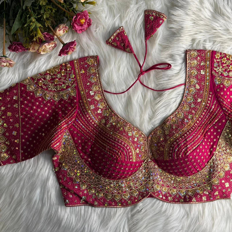 Rani Pink Designer Bridal Blouse with Heavy Stars, Rainbow & Sequins Work  Roman Silk