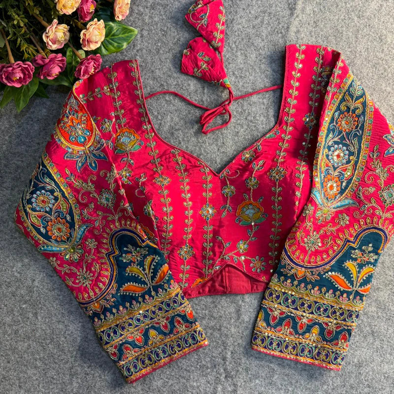 Rani Pink Elegant Heavy Position Work Long Sleeve Blouse  Pure Crepe Embroidered & Sequined Partywear