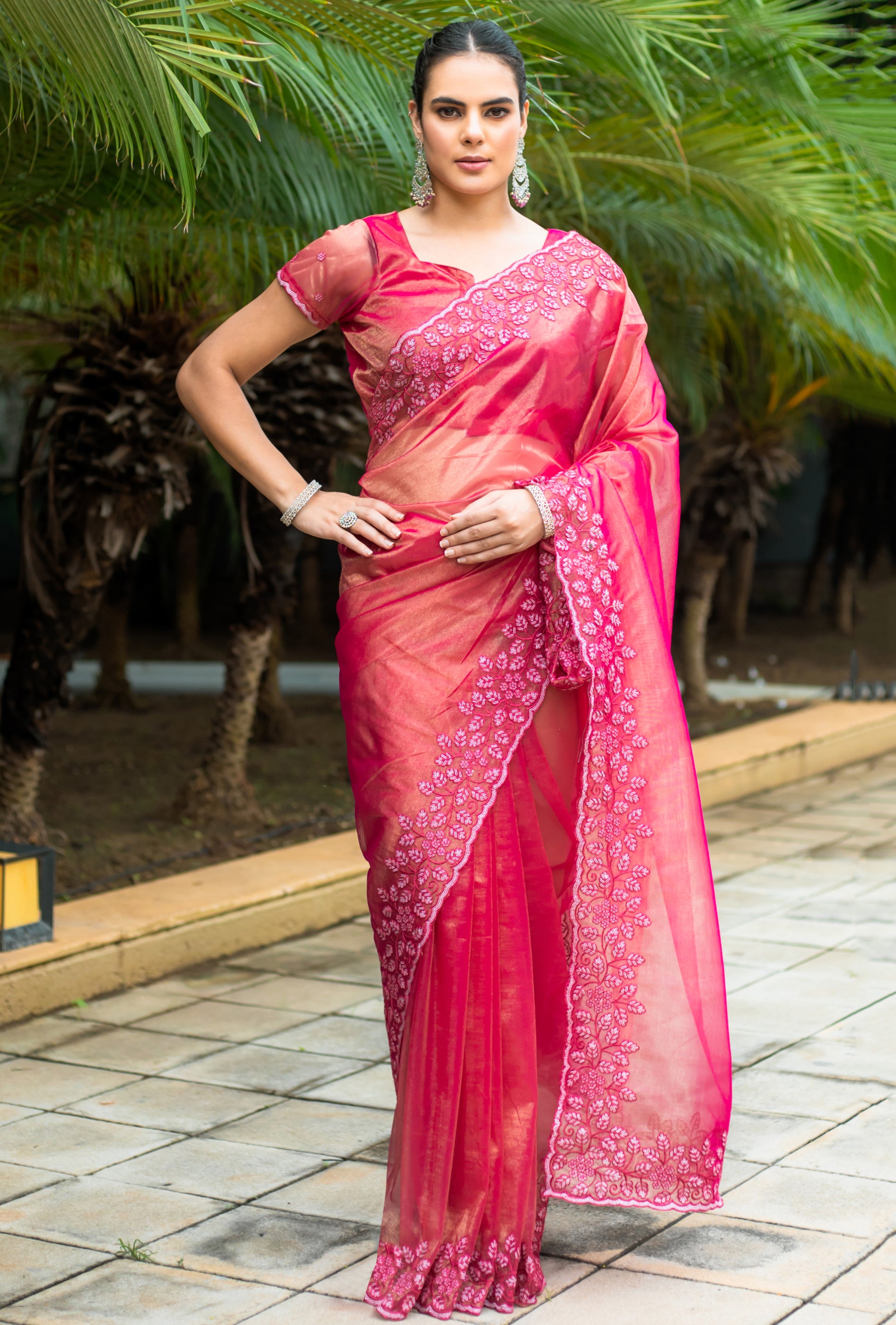 Rani Pink Gold-Infused Twill Saree with Elegant Embroidery Work