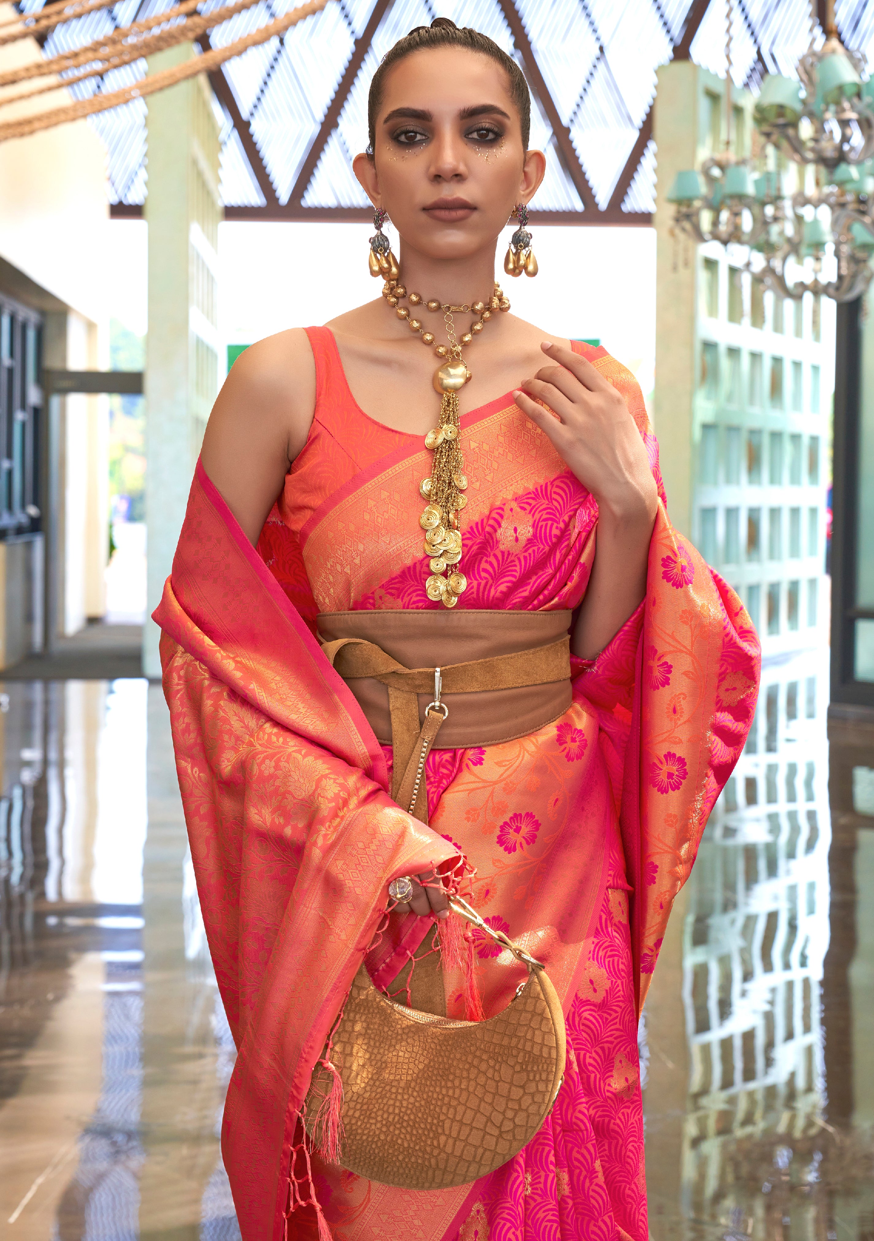 Rani Pink Handloom Silk Saree With  Jacquard Woven Work