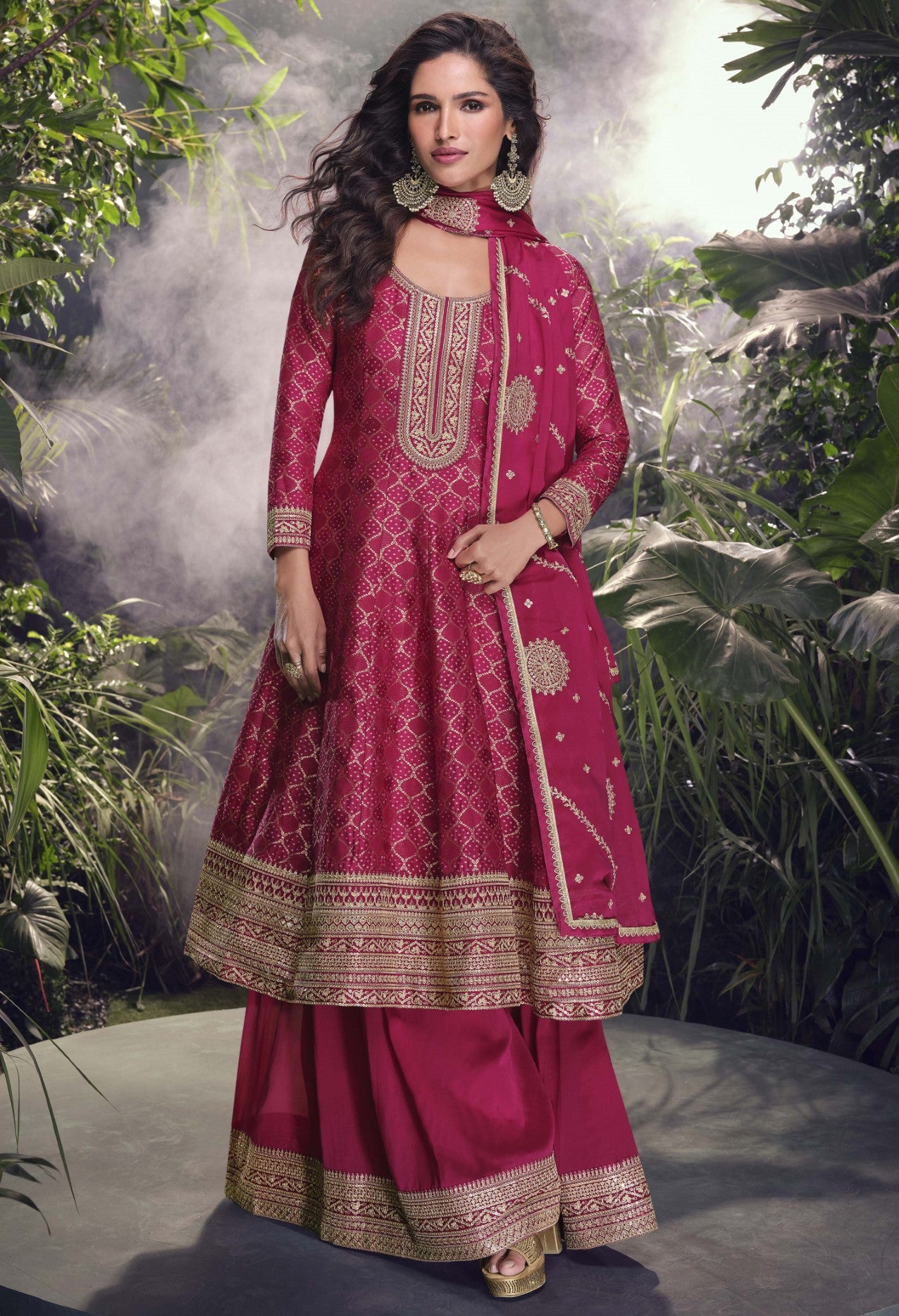 Rani Pink Jacquard Silk Palazzo Suit With Thread Embroidery