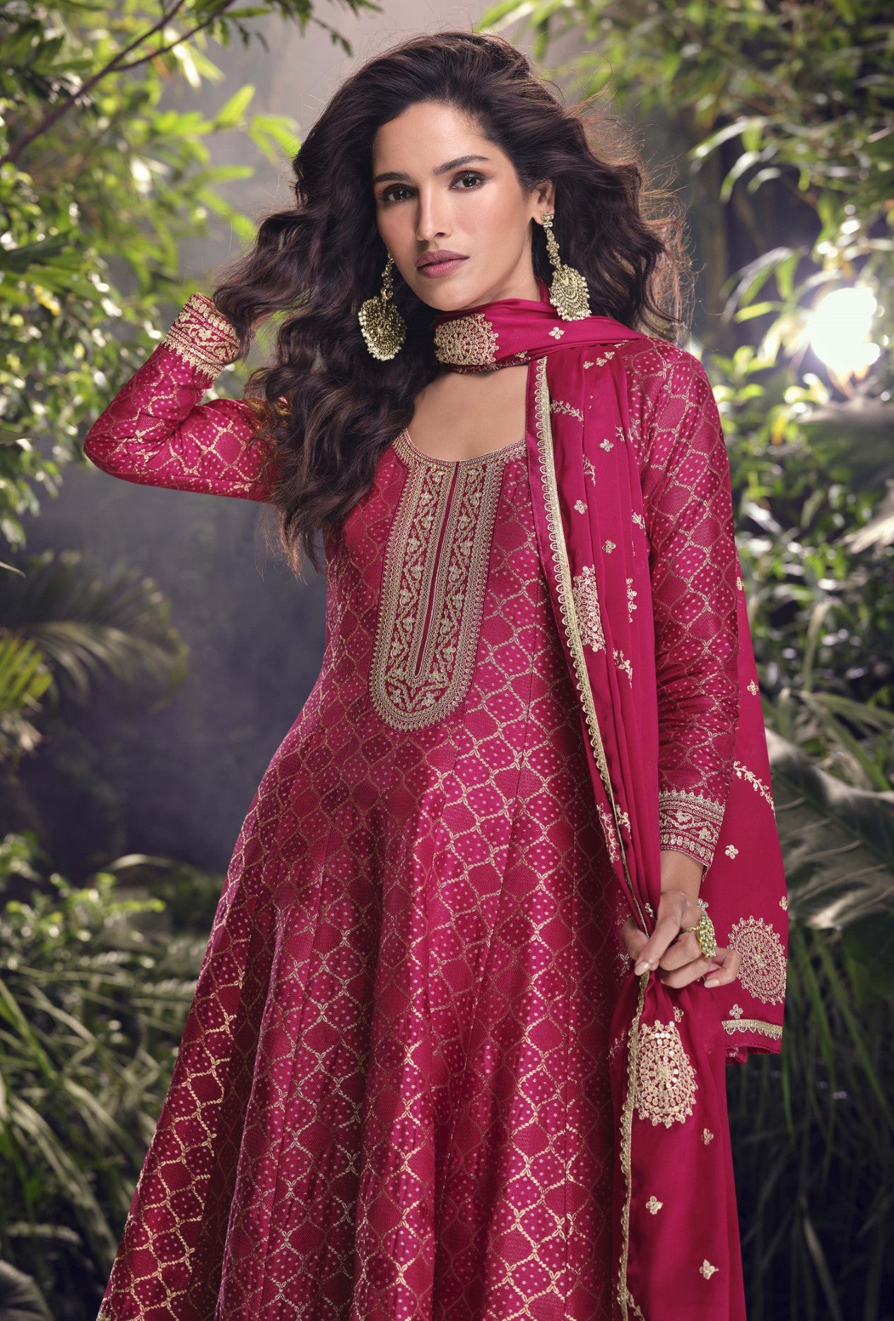 Rani Pink Jacquard Silk Palazzo Suit With Thread Embroidery