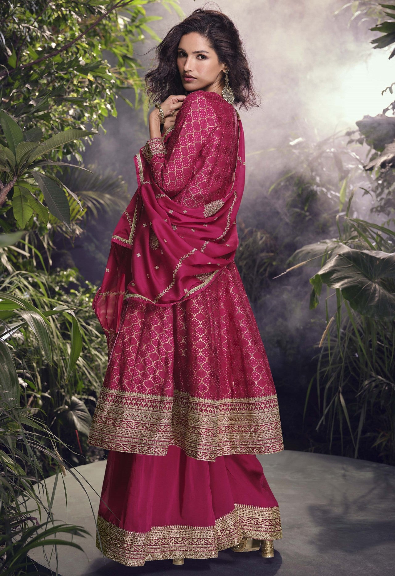 Rani Pink Jacquard Silk Palazzo Suit With Thread Embroidery