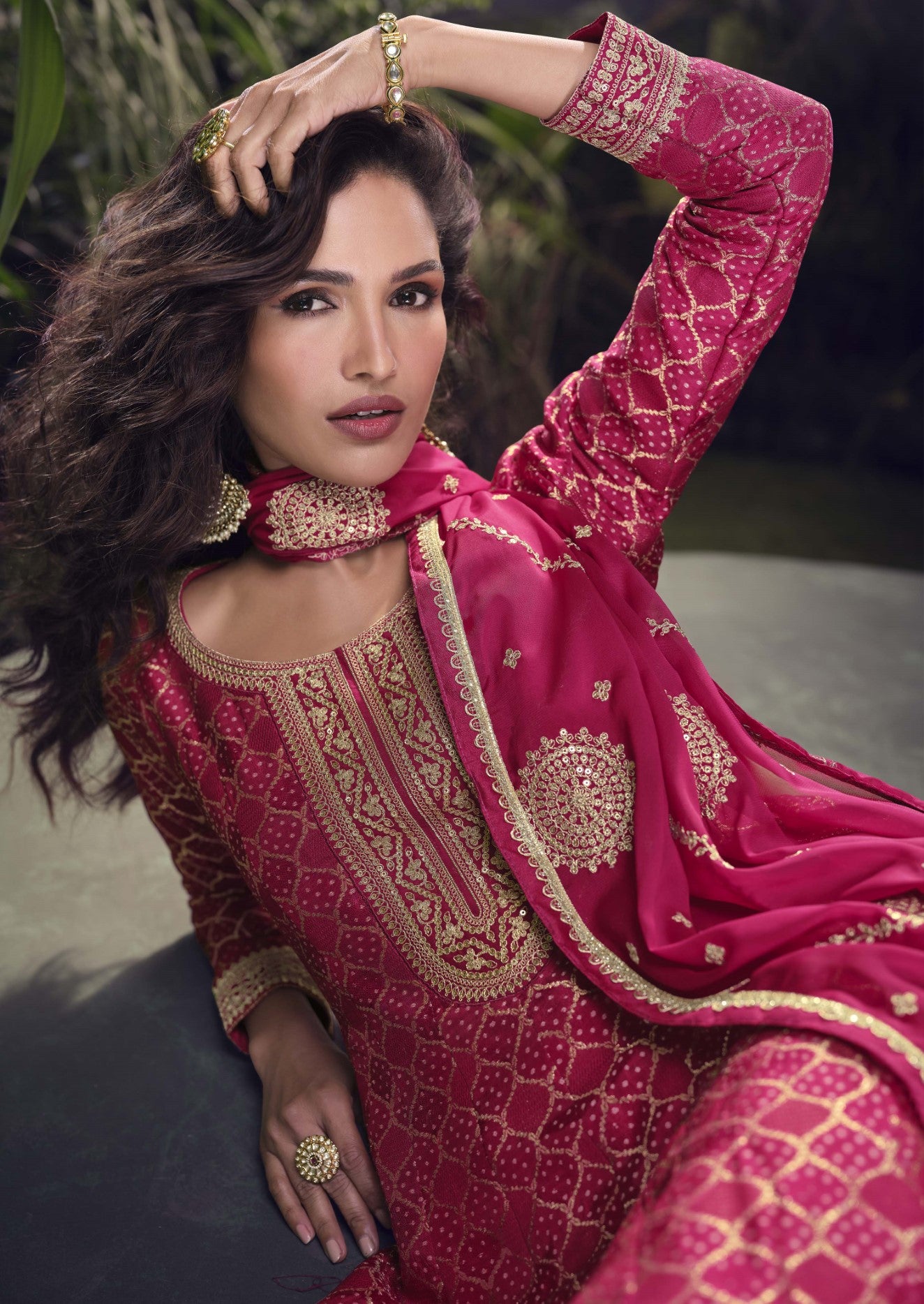 Rani Pink Jacquard Silk Palazzo Suit With Thread Embroidery