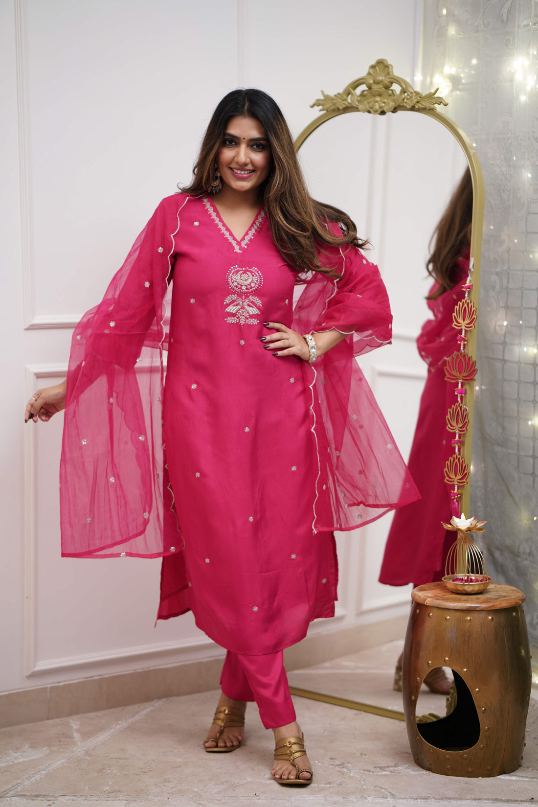 Rani Pink Kurta Pant Set With Heavy Thread Embroidery Sequins Work