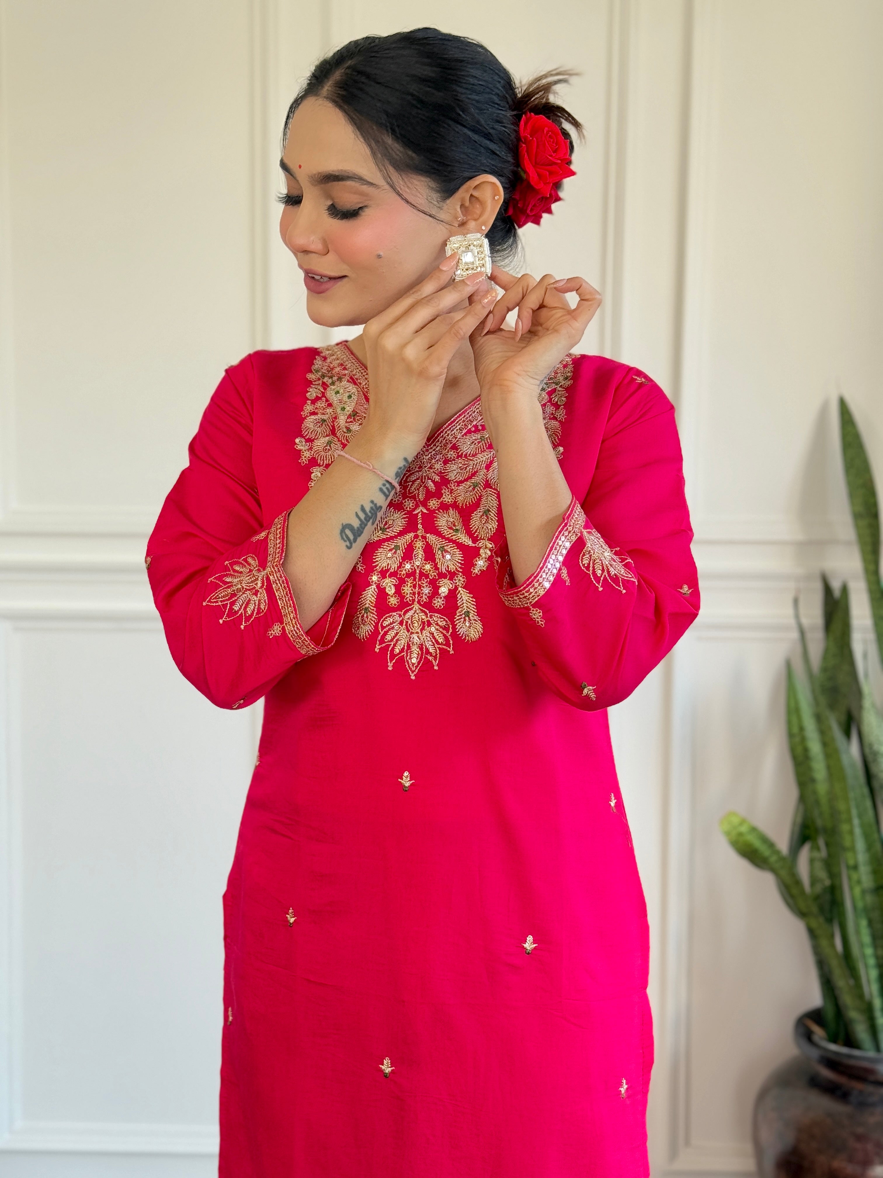 Rani Pink Kurta Pant Set with Heavy Thread Embroidery Work With Printed Dupatta