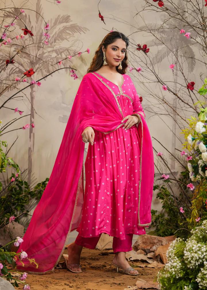 Rani Pink Kurta Pant Set with Printed With Embroidery Lace Work