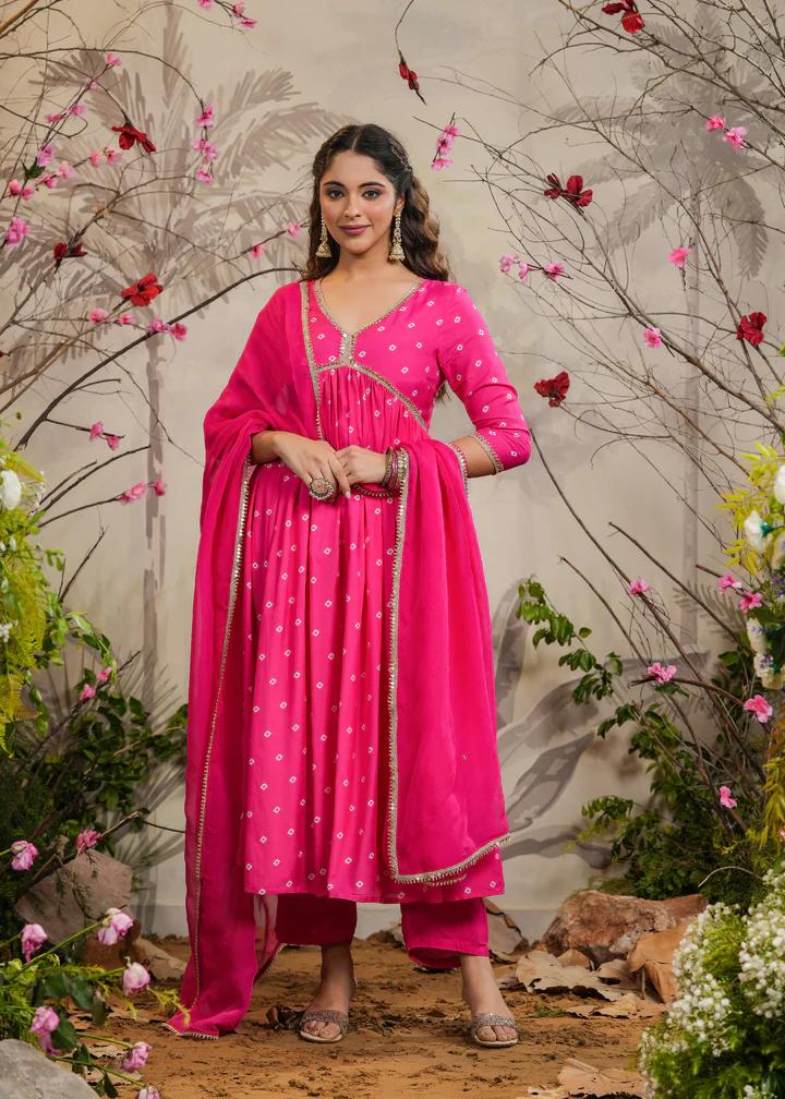 Rani Pink Kurta Pant Set with Printed With Embroidery Lace Work