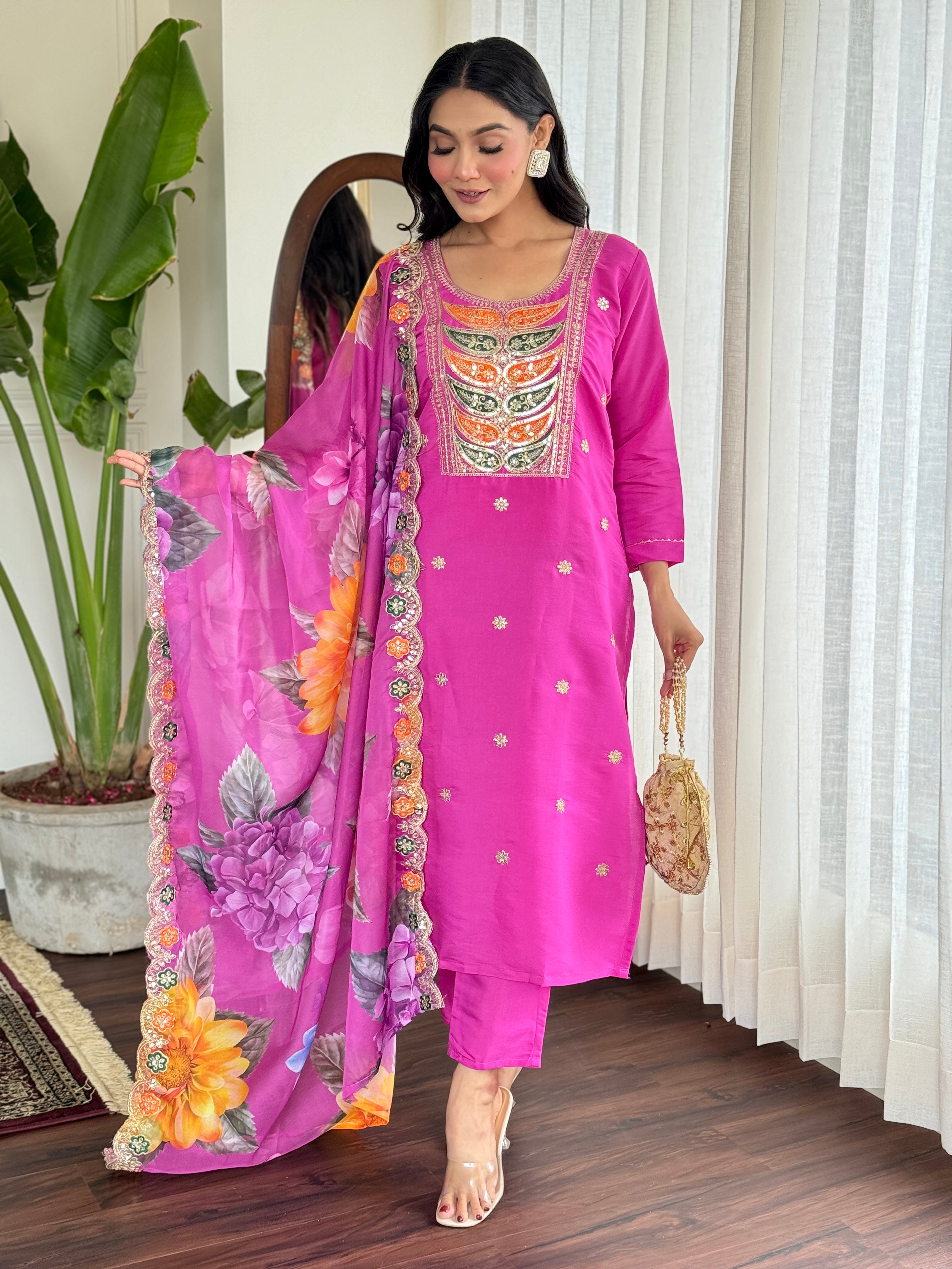 Rani Pink Kurta Pant with Heavy Thread Embroidery Sequins Work
