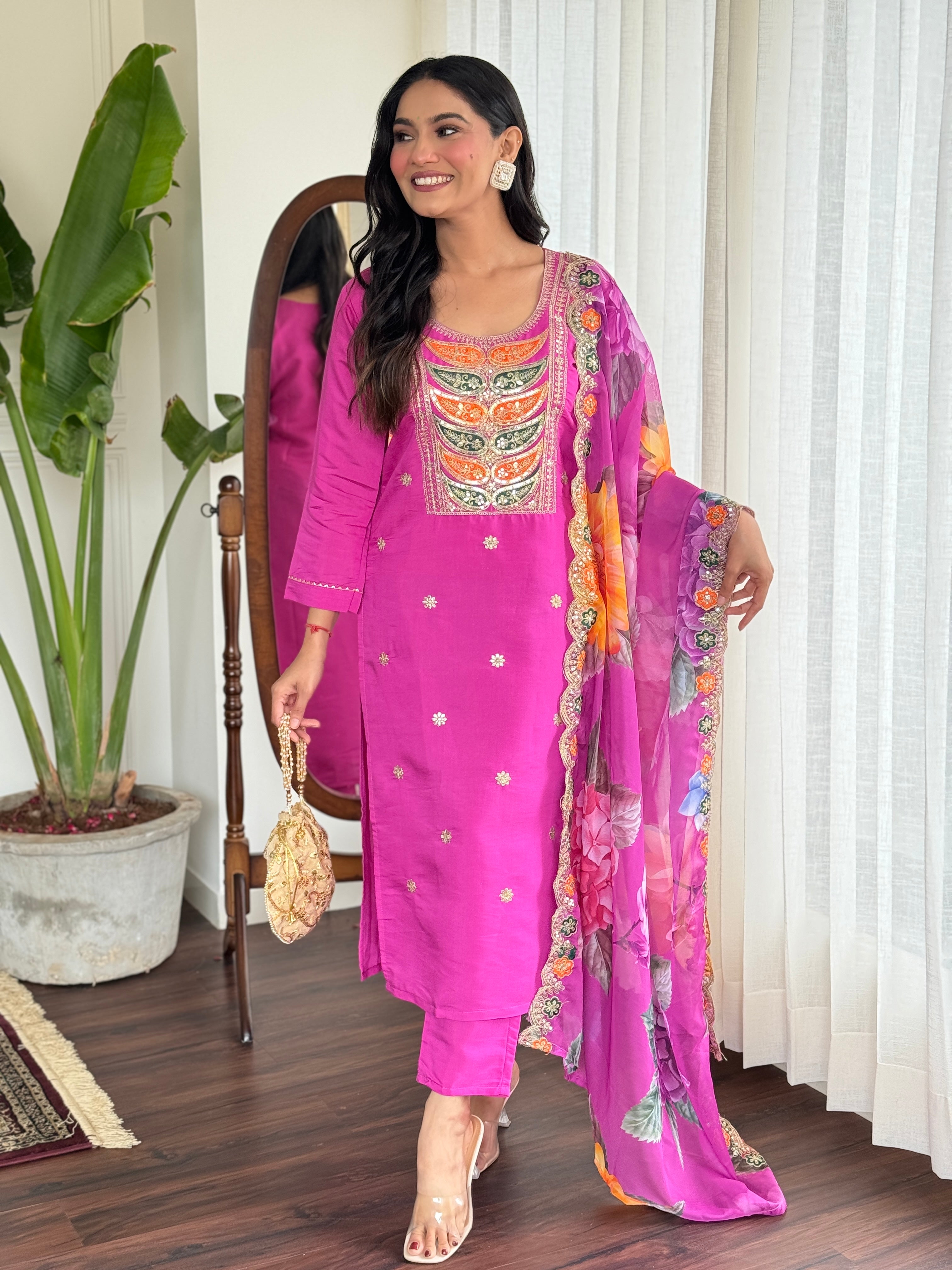Rani Pink Kurta Pant with Heavy Thread Embroidery Sequins Work