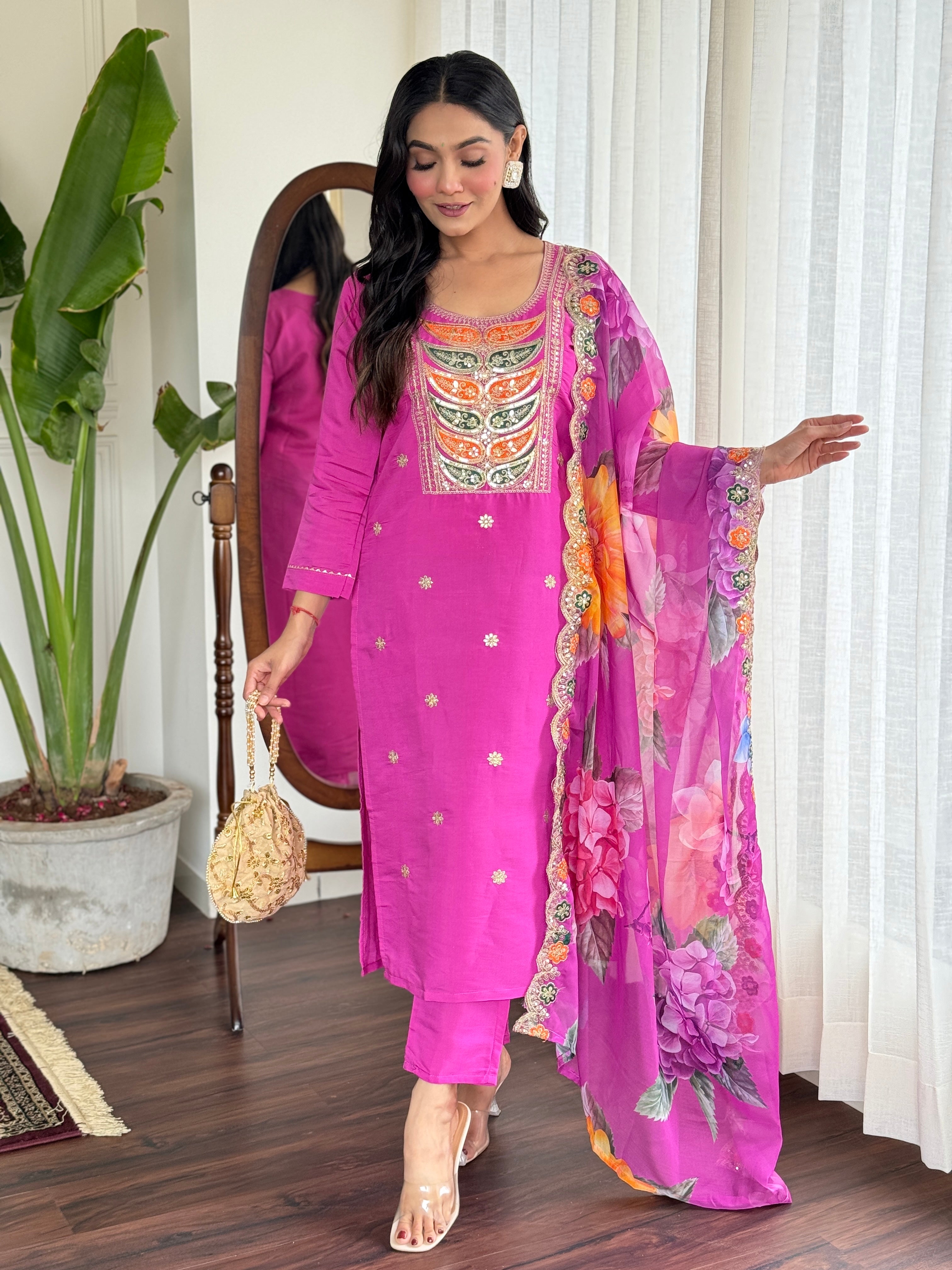 Rani Pink Kurta Pant with Heavy Thread Embroidery Sequins Work