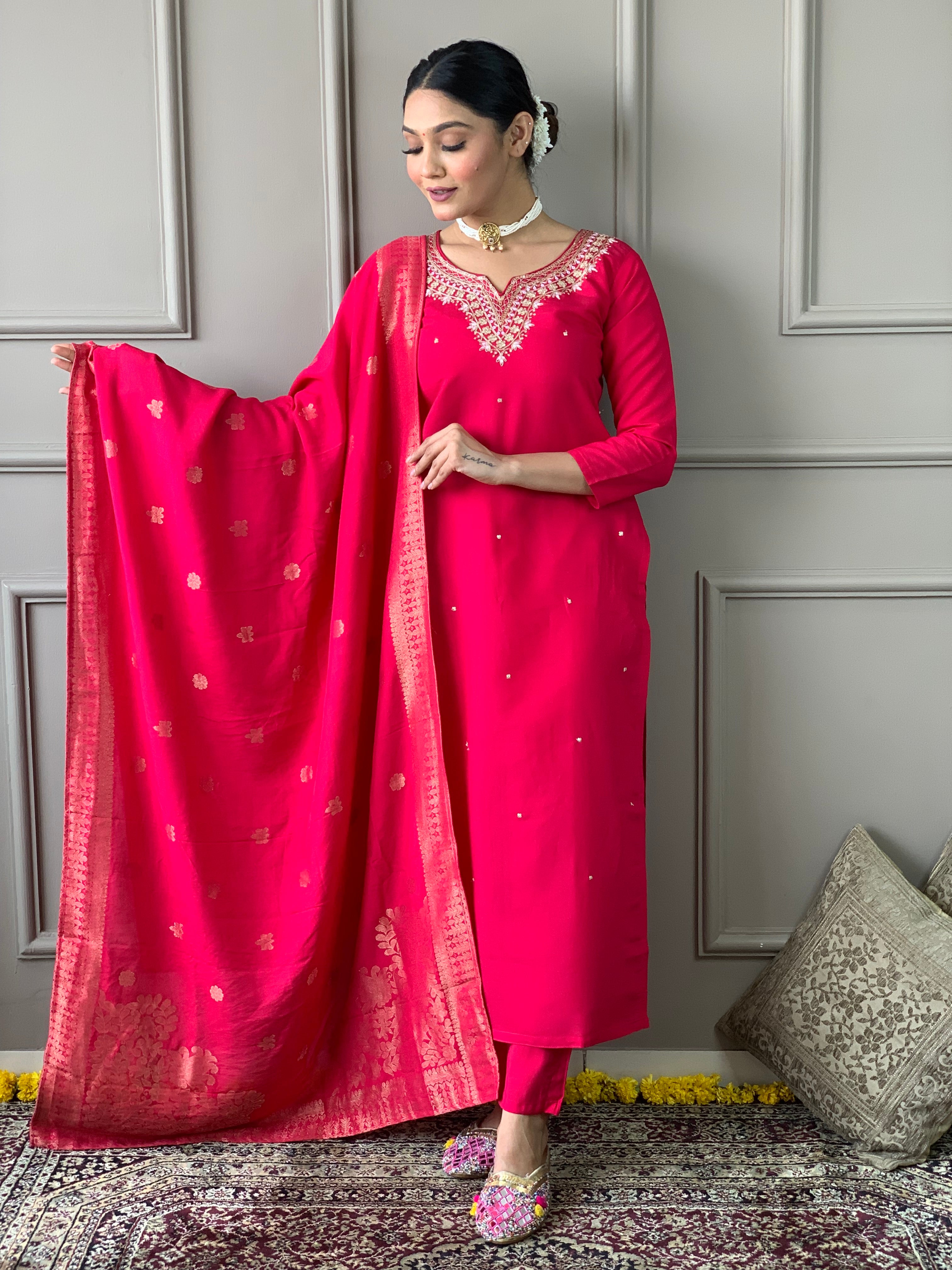Rani Pink Kurta Set with Thread Embroidery Work With jacquard Woven Dupatta