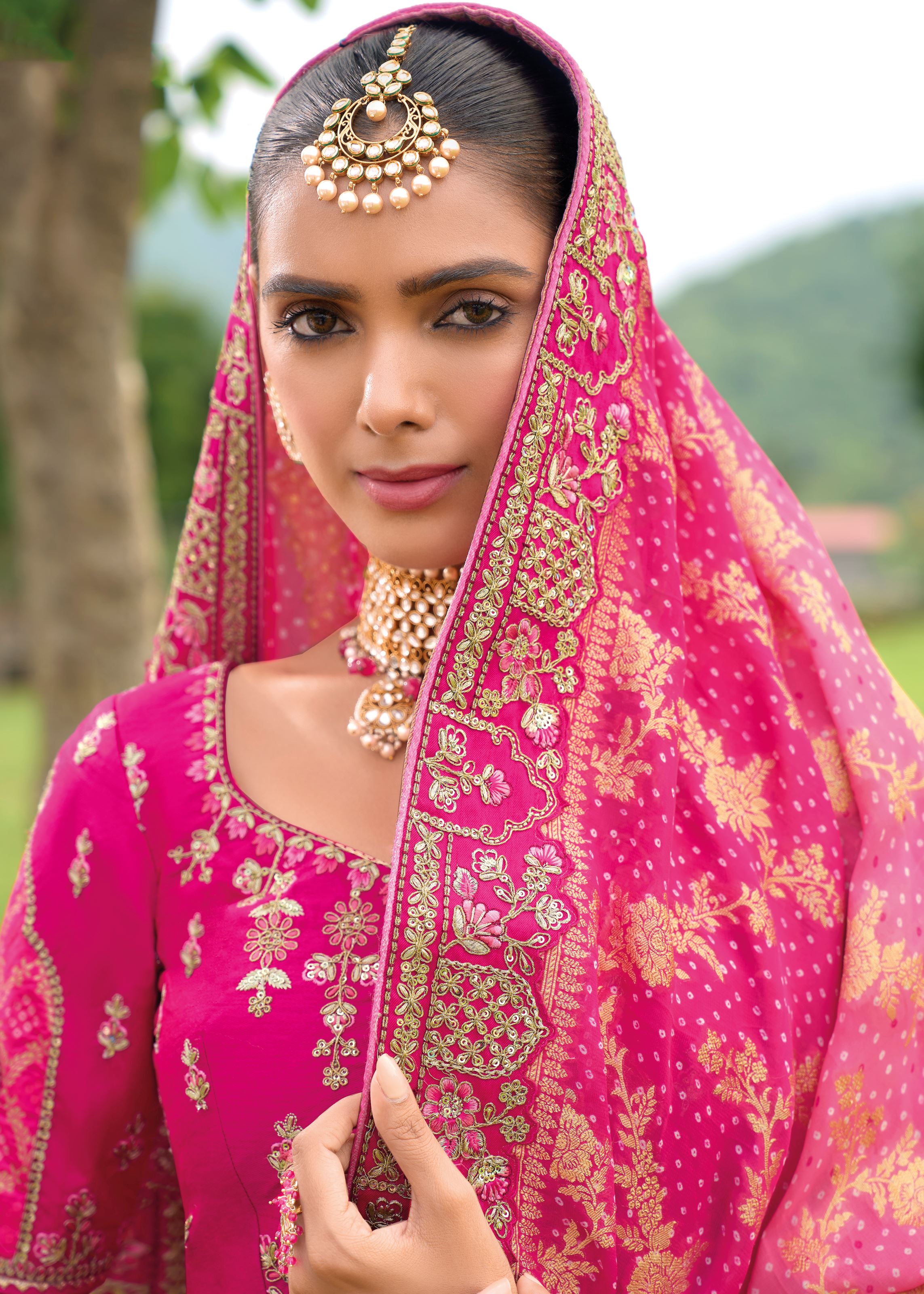 Rani Pink Lehenga Choli With Heavy Thread Embroidery, Khatli With Sequins Work