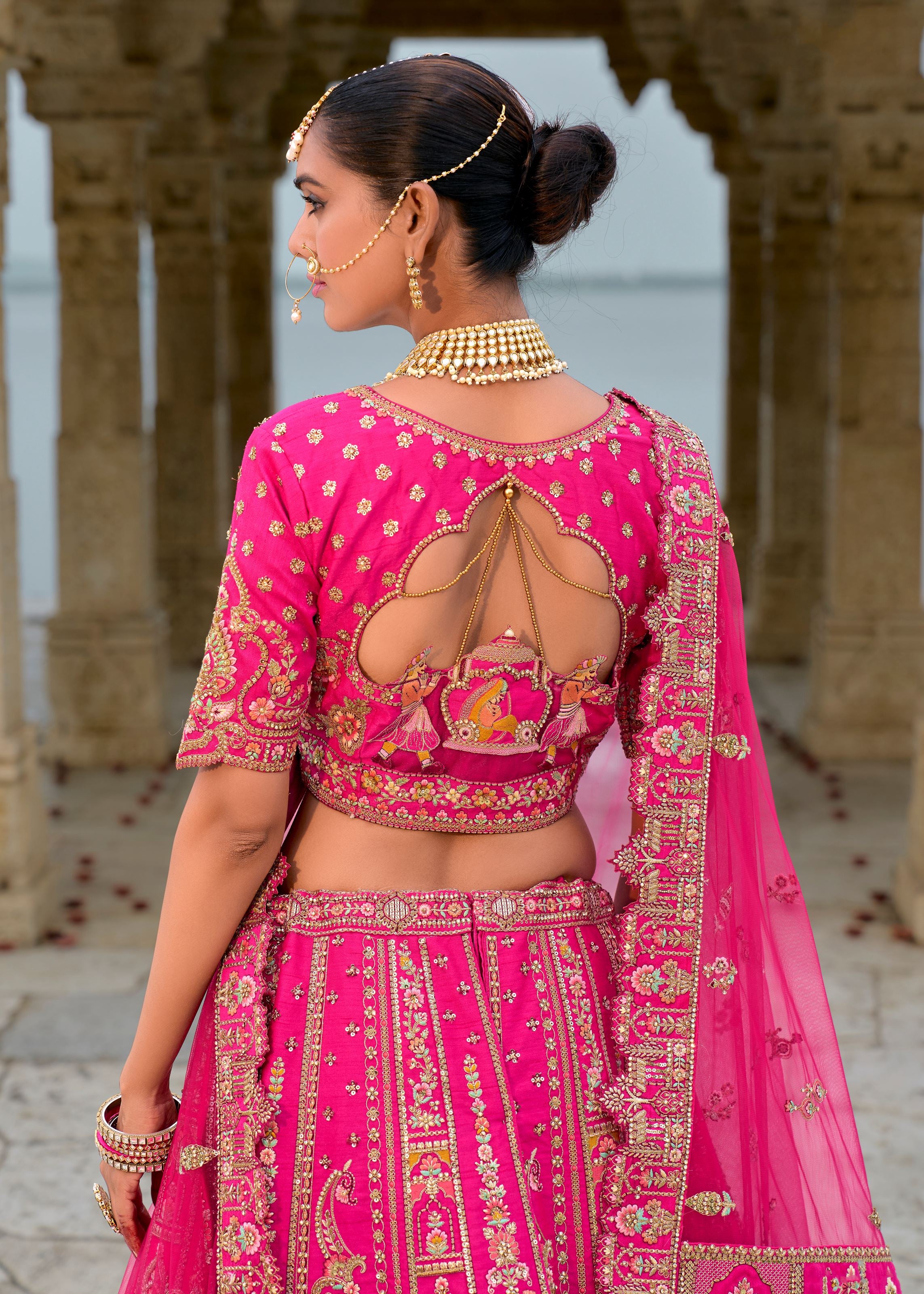 Rani Pink Lehenga Choli With Heavy Thread Embroidery, Zari With Sequins Work