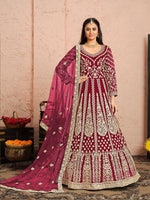Rani Pink Net Heavy Thread Embroidery And Zari Work  Anarkali Suits