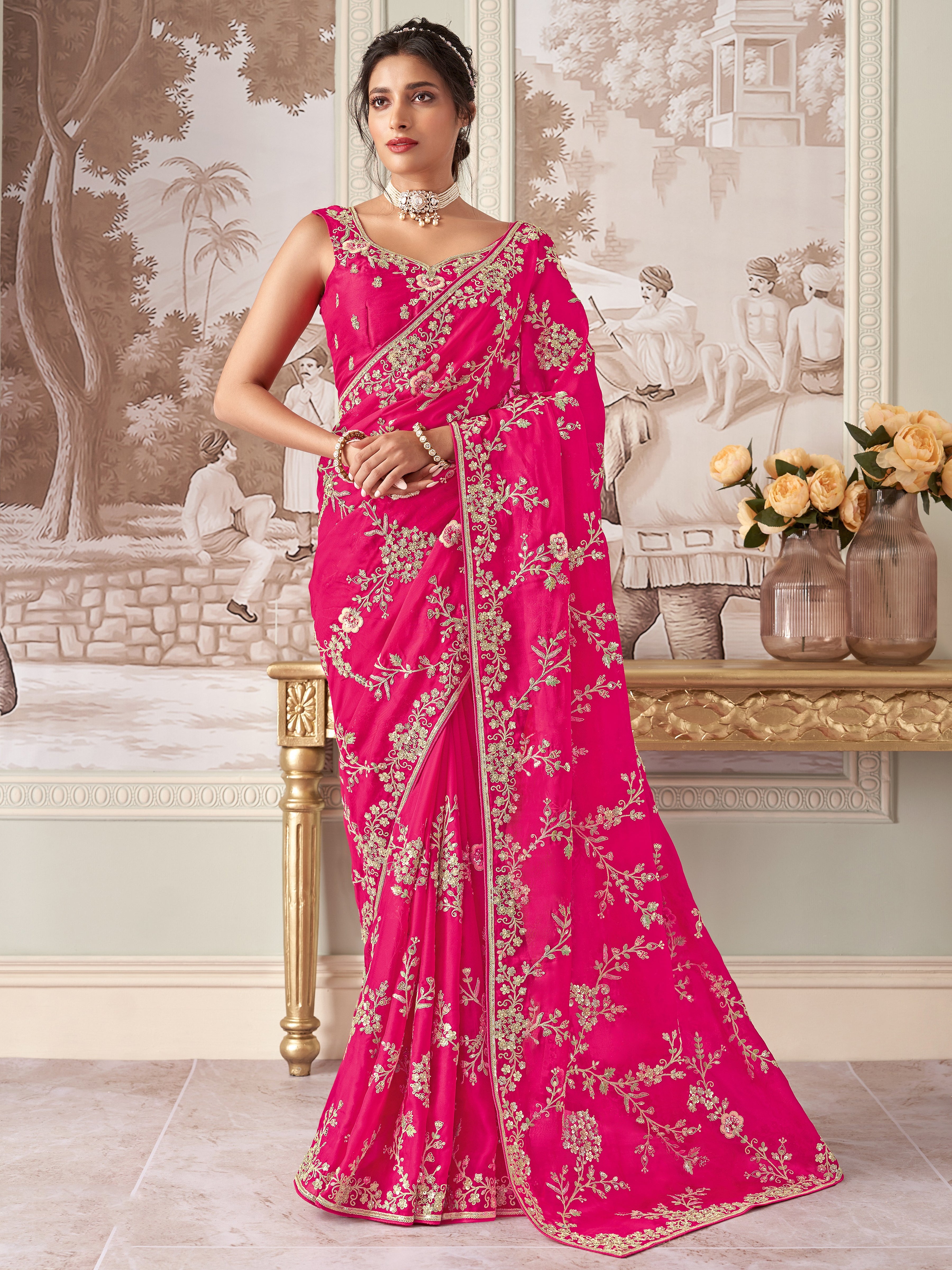 Rani Pink Organza Saree With Heavy Thread Embroidery, Zari and Sequins Work