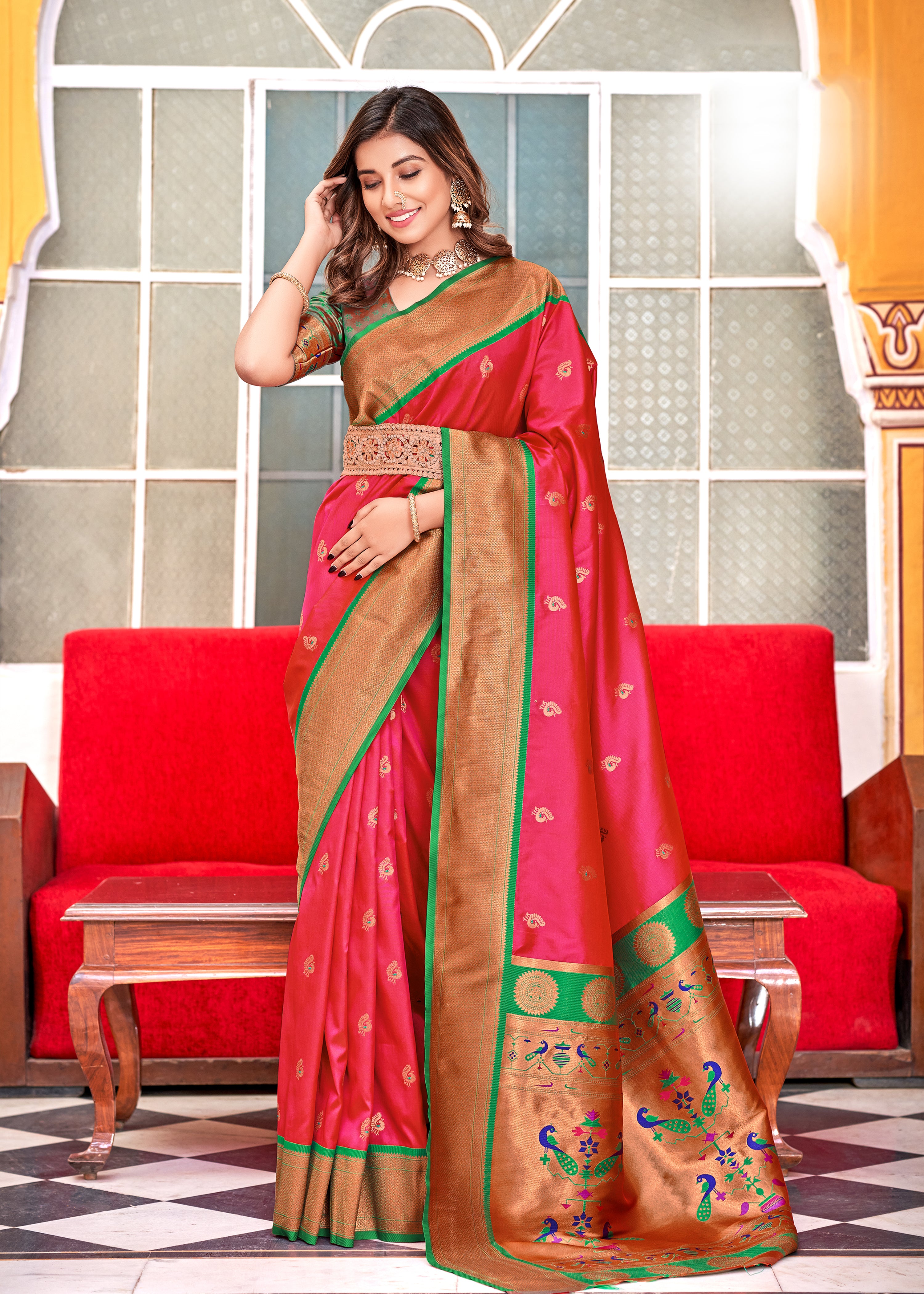 Rani Pink Paithni Silk Saree with Jacquard Woven work