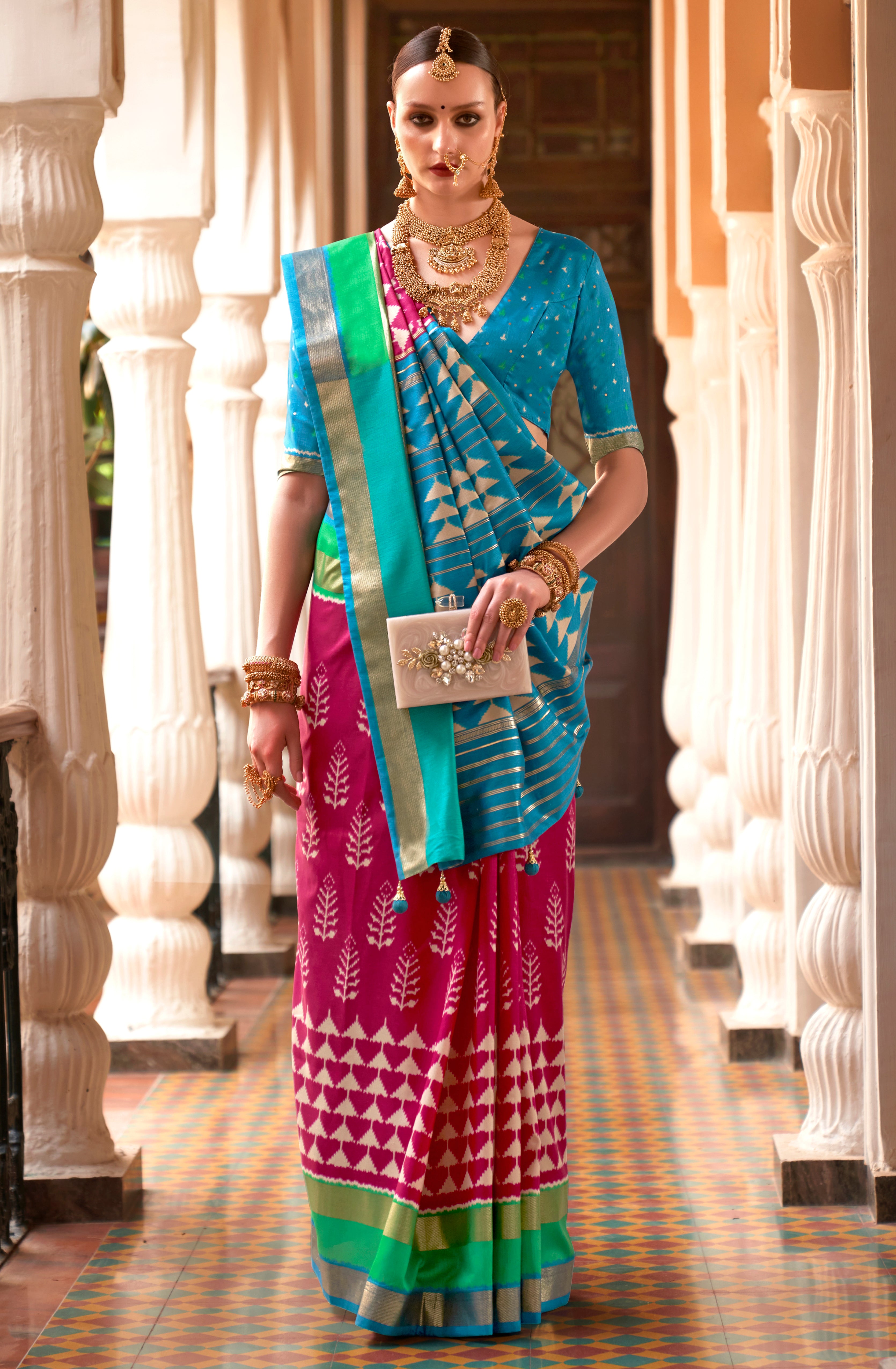 Rani Pink Patola Silk Saree with  Printed