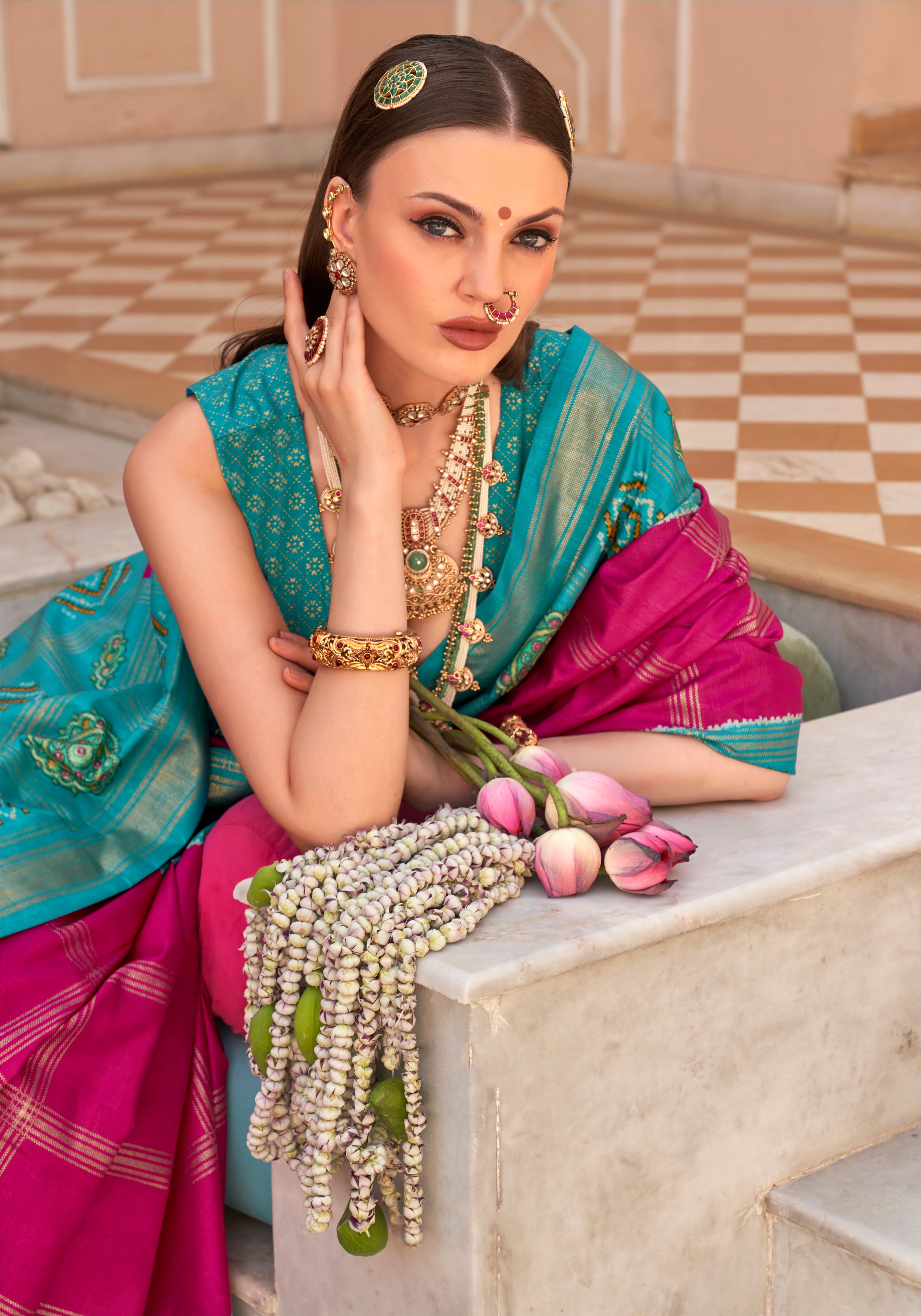 Rani Pink Printed Saree With Jacquared Woven Work