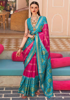 Rani Pink Printed Saree With Jacquared Woven Work