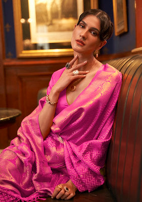 Rani Pink Pure Satin Woven Silk Saree With Woven Work