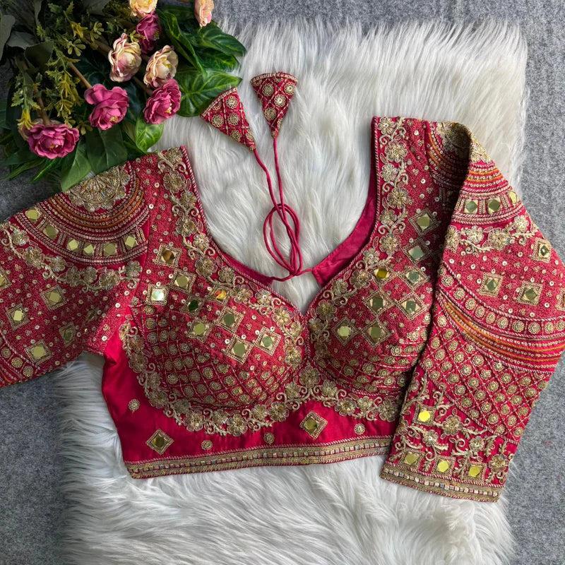 Rani Pink Real Mirror Work Long Sleeve Bridal Blouse in Roman Silk with Embroidery & Sequins