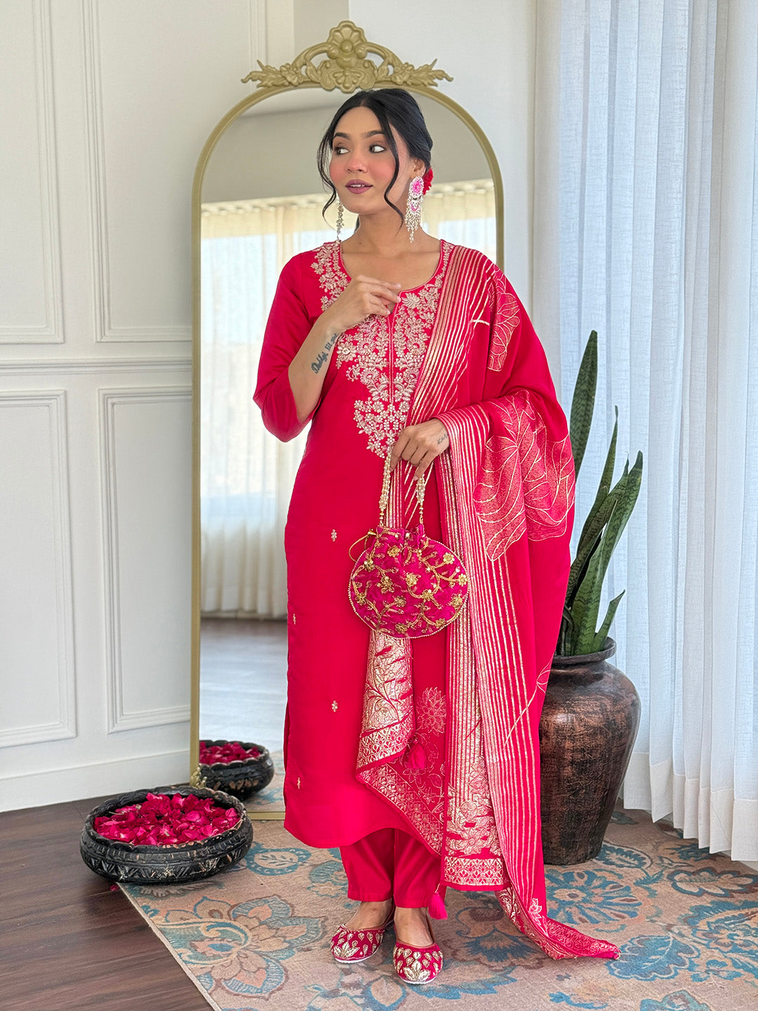 Rani Pink Roman Silk Kurta Pant with Heavy Thread Embroidery Sequins Work With Jacquard Dupatta