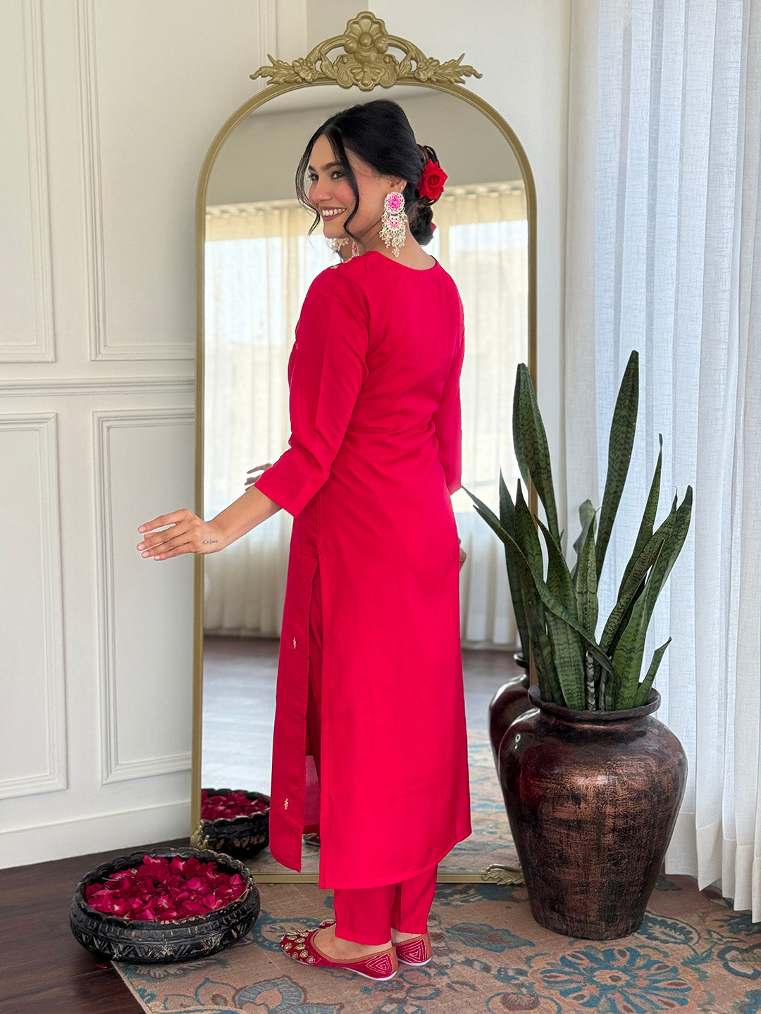 Rani Pink Roman Silk Kurta Pant with Heavy Thread Embroidery Sequins Work With Jacquard Dupatta