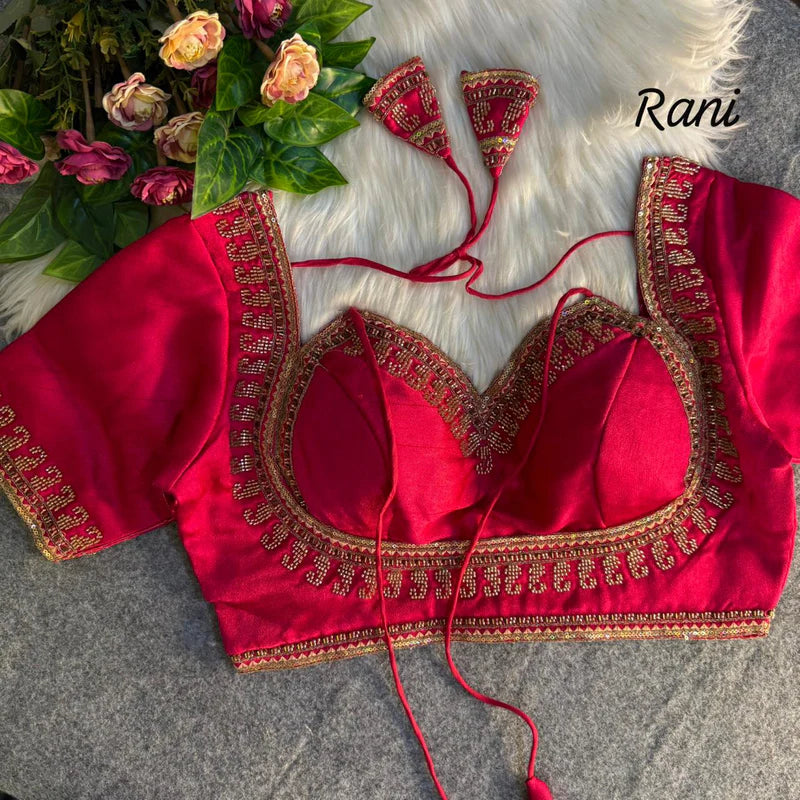 Rani Pink Royal Beads Work Bridal Blouse  Italian Silk Designer Couture Wear