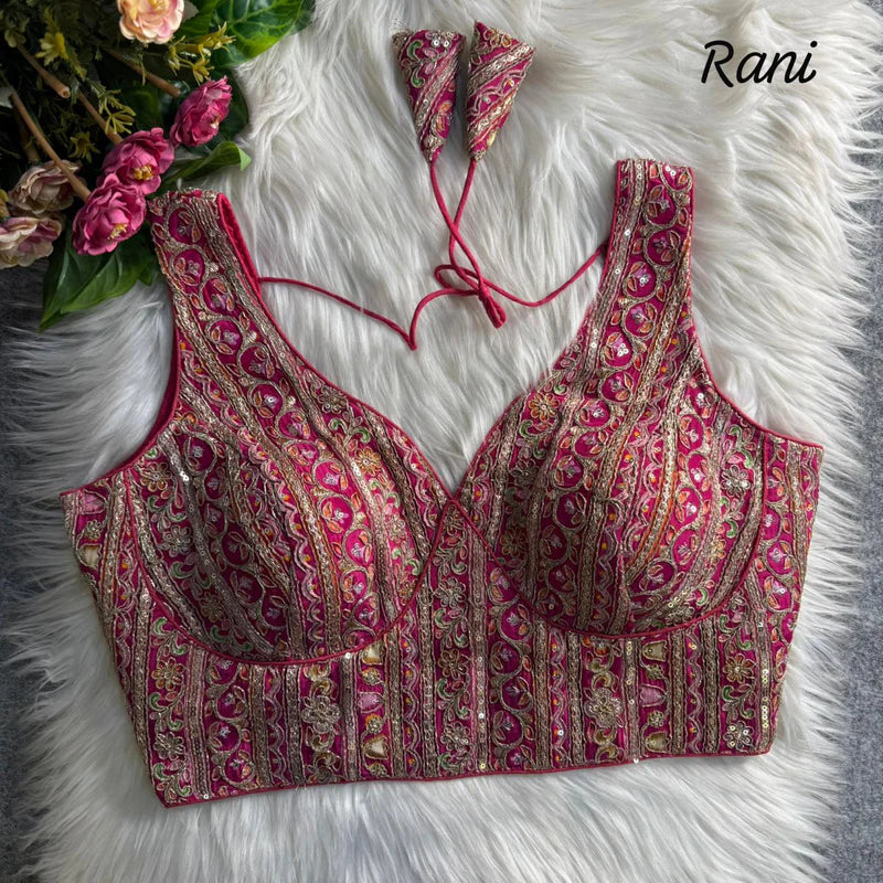 Rani Pink Royal Couture Heavy Neck Position Work Blouse  Pure Crepe Embroidered & Sequined Partywear