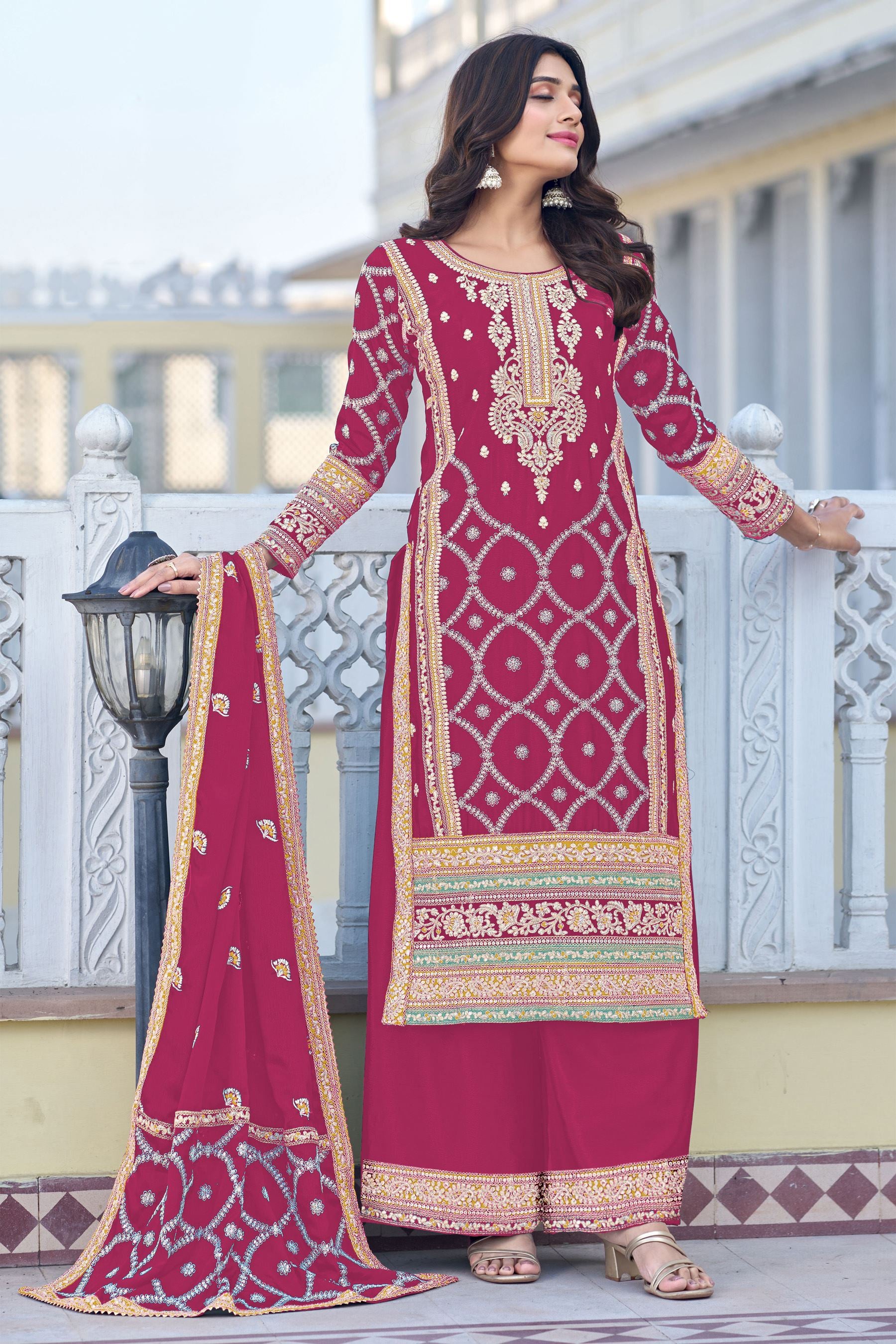 Rani Pink Salwar Kameez with Heavy Thread Embroidery and Zari With Sequins Work