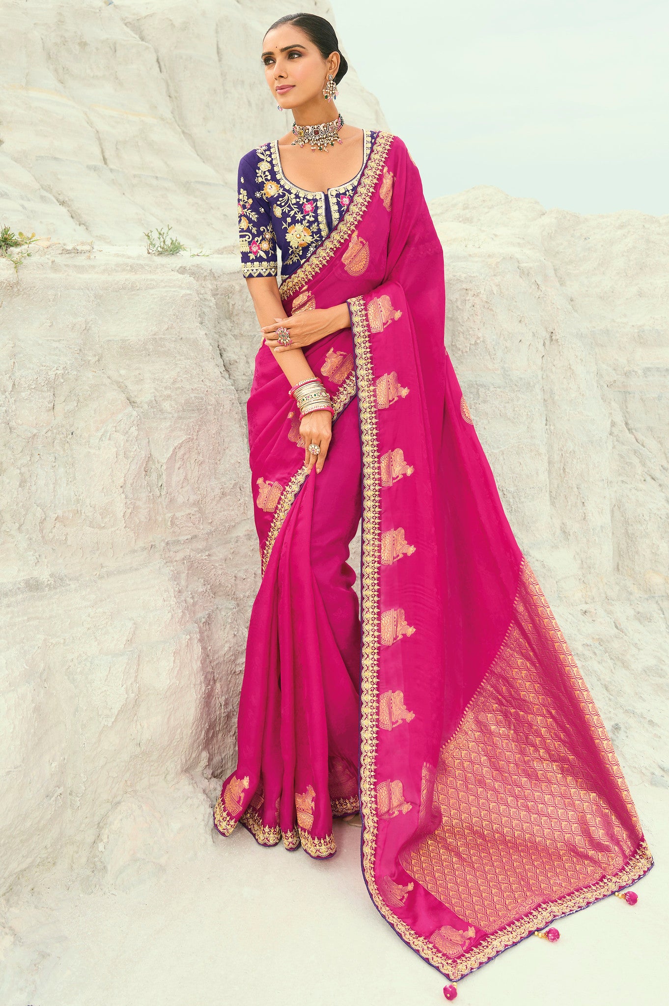 Rani Pink Saree With  Coding Border With Cut-Dana, Moti Heavy Work Blouse
