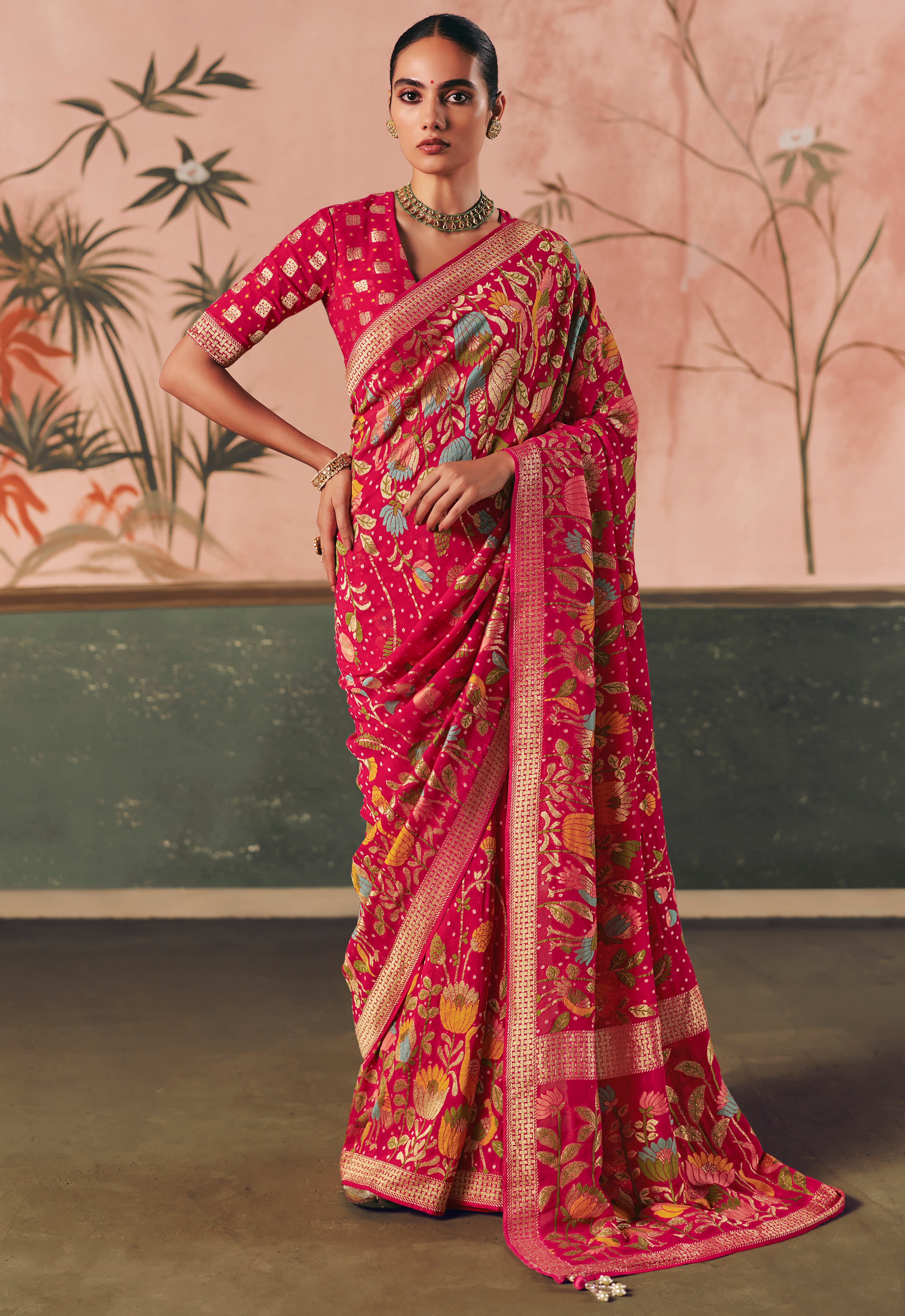 Rani Pink Saree With  Designer Bandhej Weaving Work With Beutifull Tassles Attached