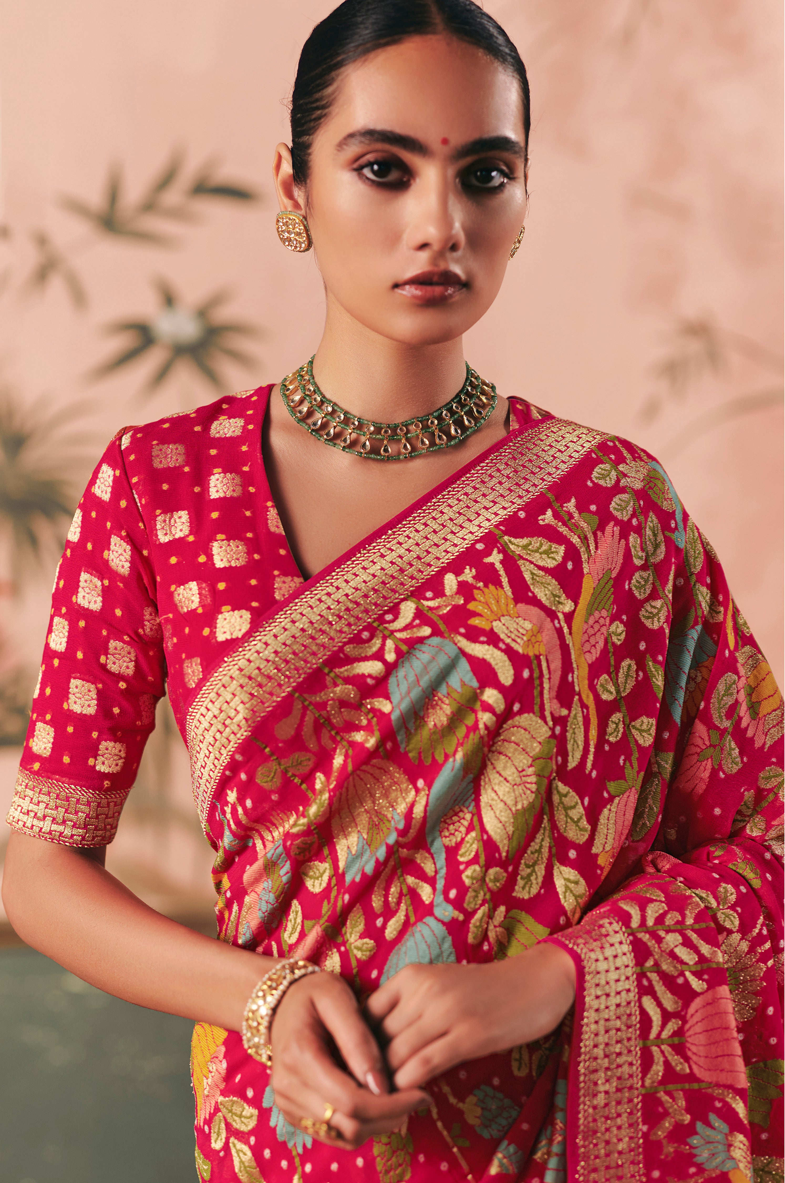 Rani Pink Saree With  Designer Bandhej Weaving Work With Beutifull Tassles Attached