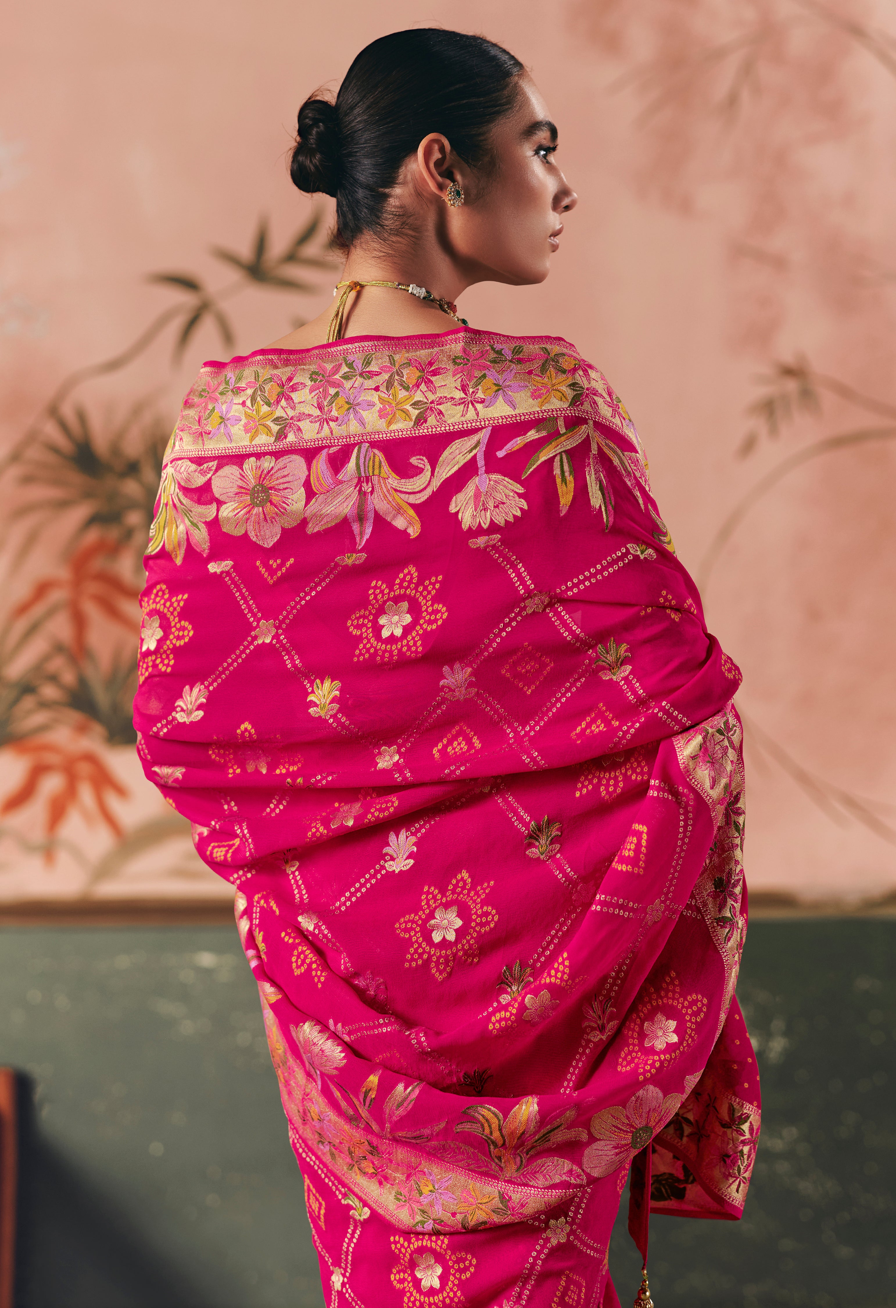 Rani Pink Saree With  Designer Bandhej Weaving Work With Beutifull Tassles Attached