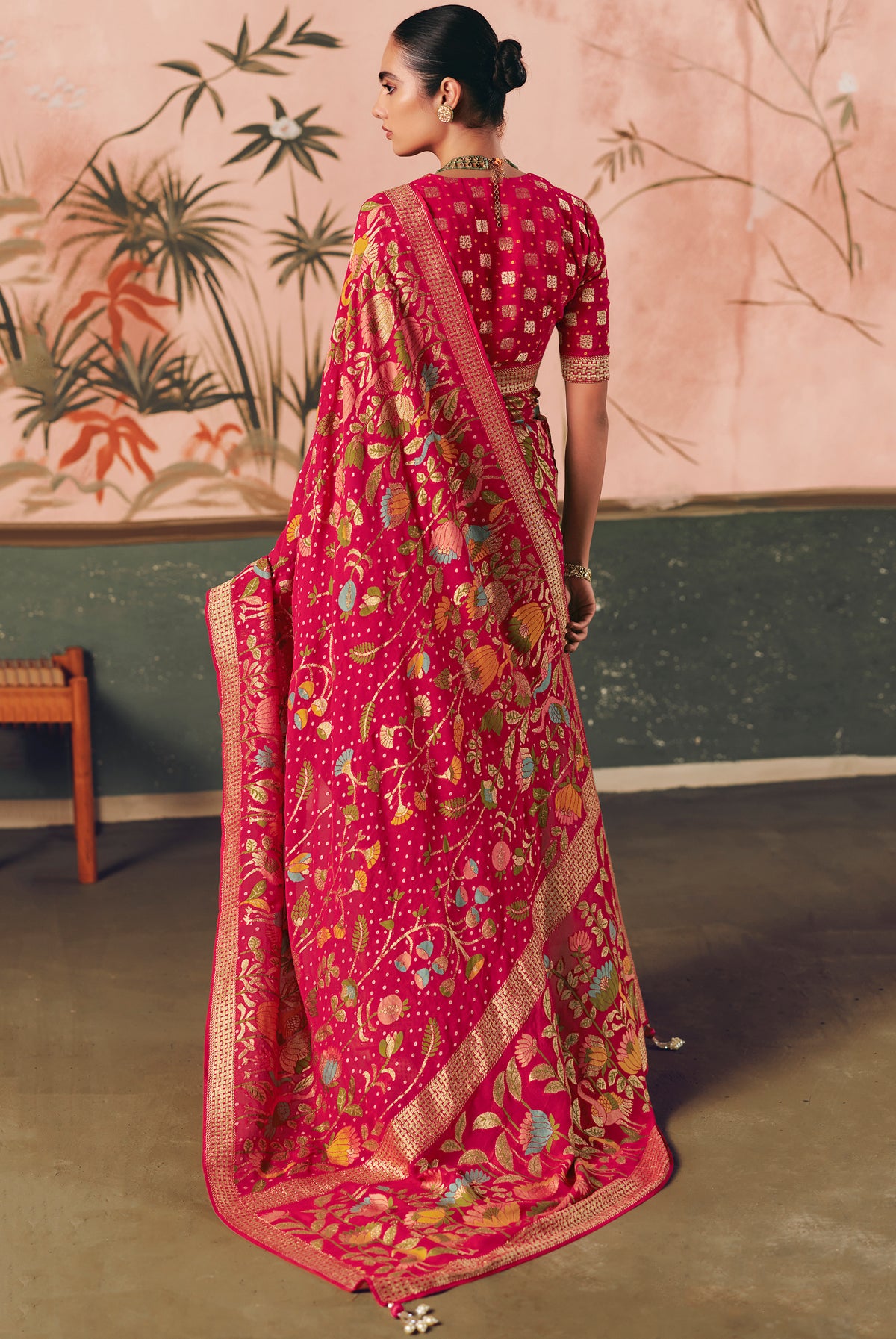 Rani Pink Saree With  Designer Bandhej Weaving Work With Beutifull Tassles Attached