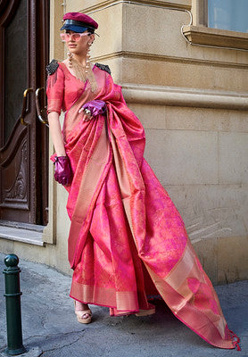 Rani Pink Saree With  Handloom Jacquard Woven Work