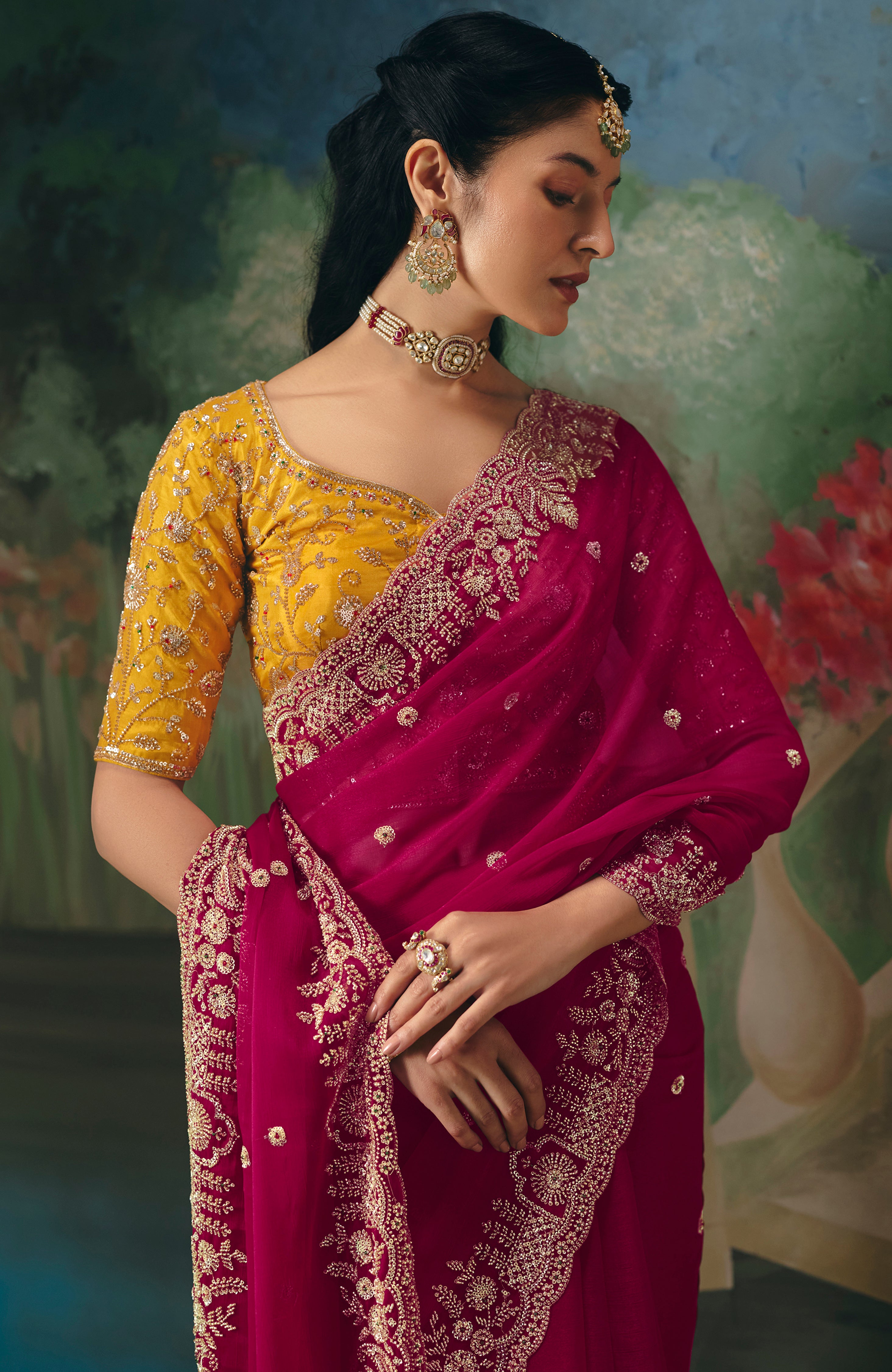 Rani Pink Saree With  Heavy Designer Embroidery, Sequince, Stone, With Beads Work