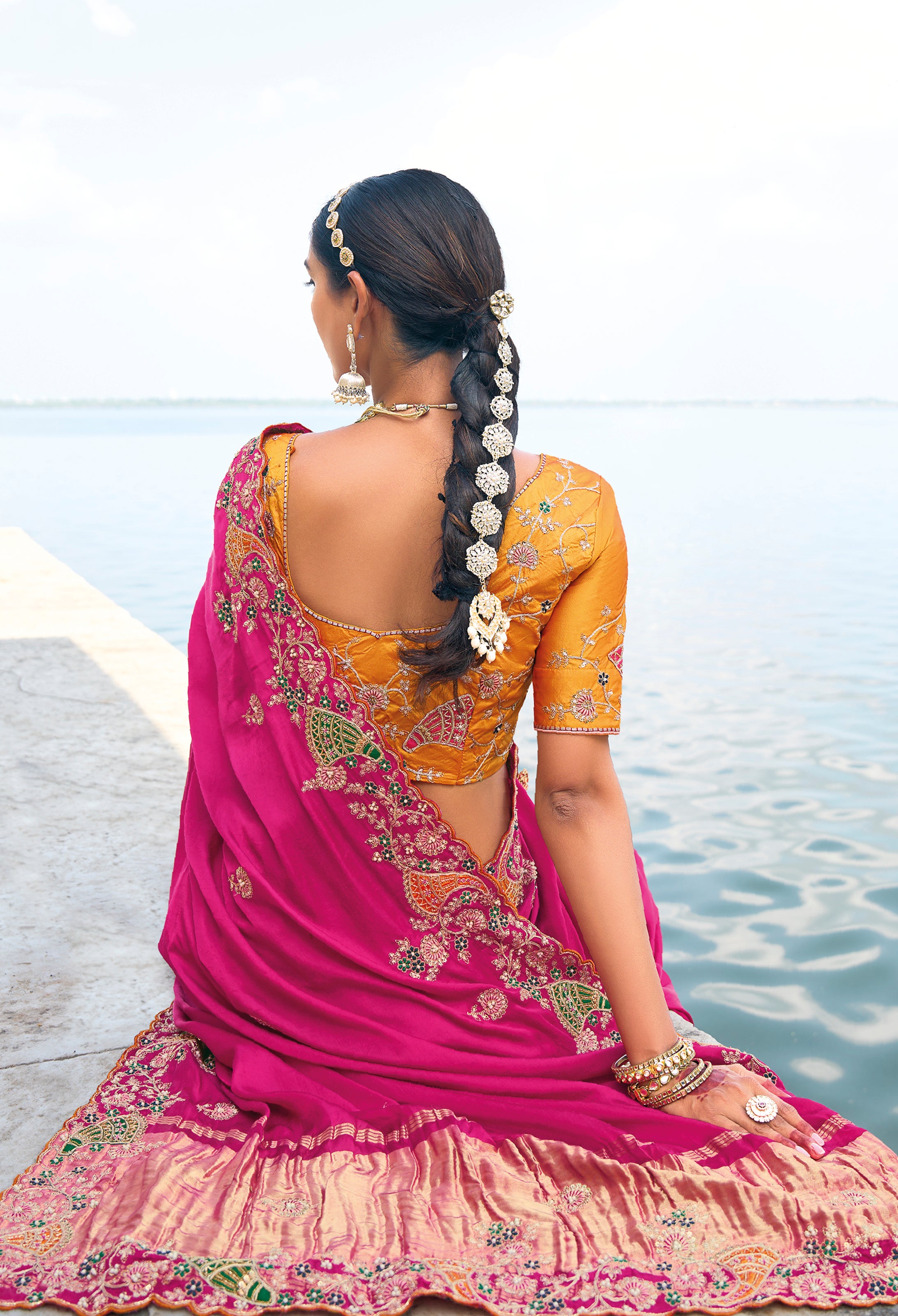 Rani Pink Saree With Heavy Embroidered Work