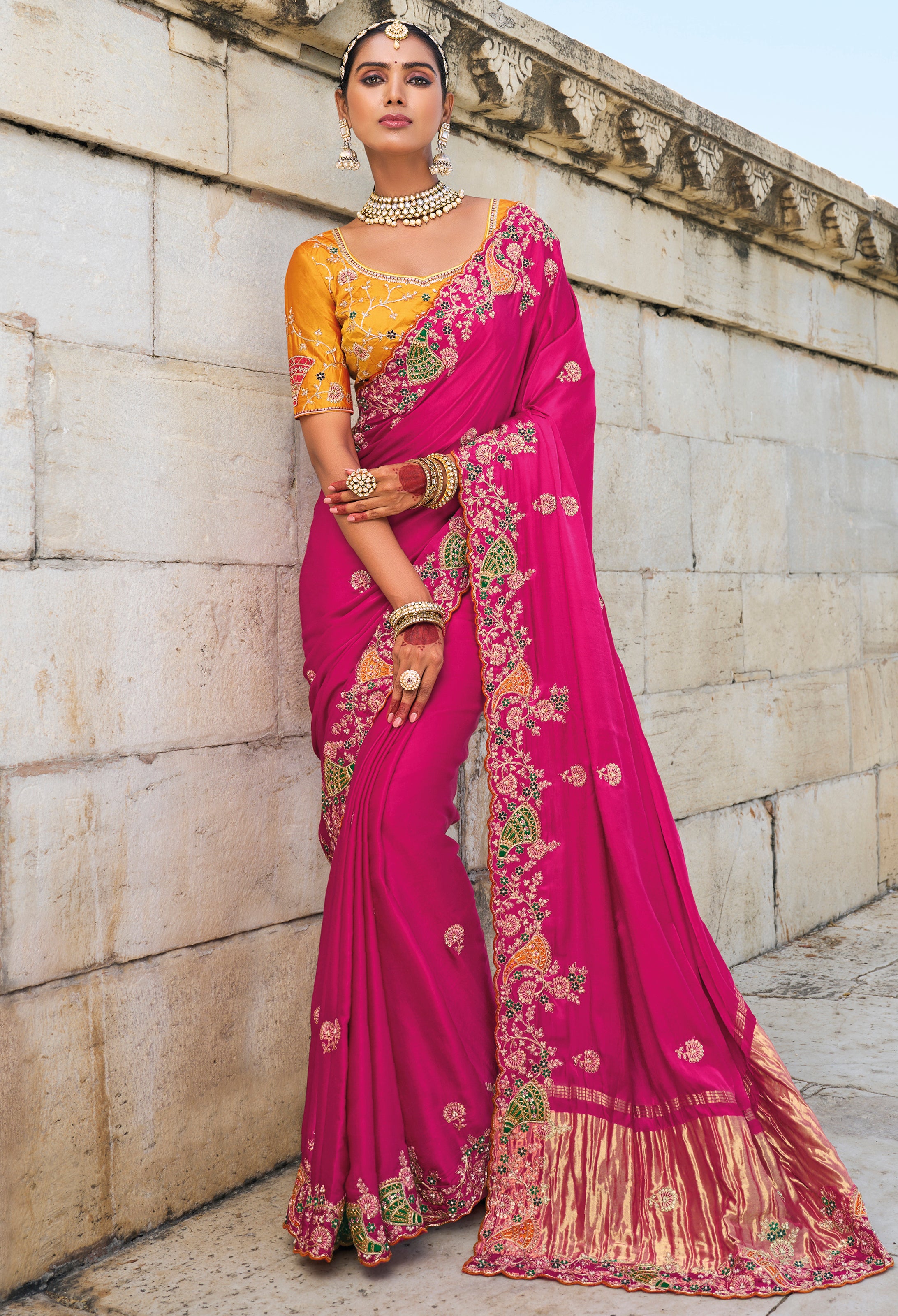 Rani Pink Saree With Heavy Embroidered Work